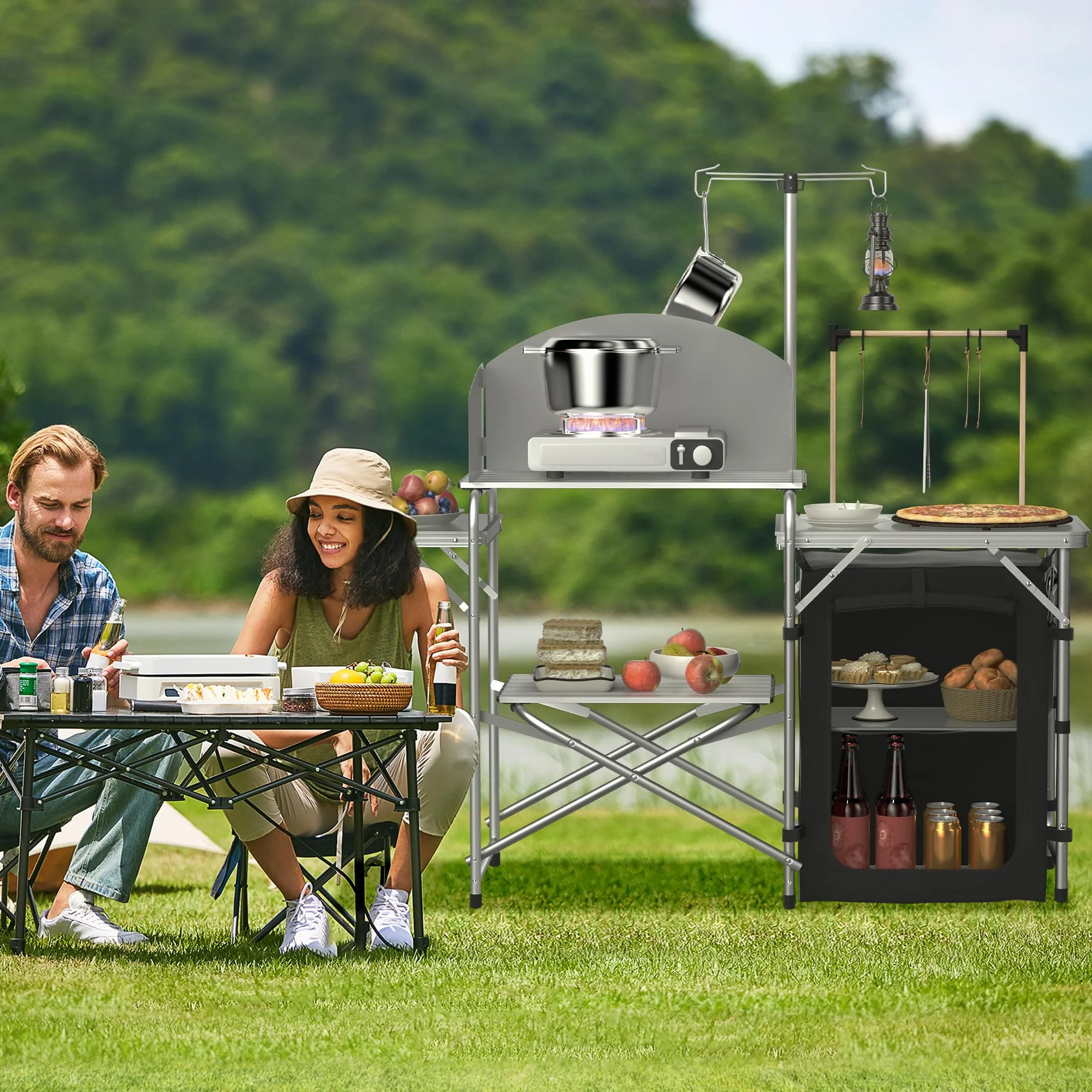 FIVMEN Cocina de camping plegable para camping, armario de aluminio con 3 encimeras, armario, soporte para luz y 4 ganchos, armario de cocina para exteriores