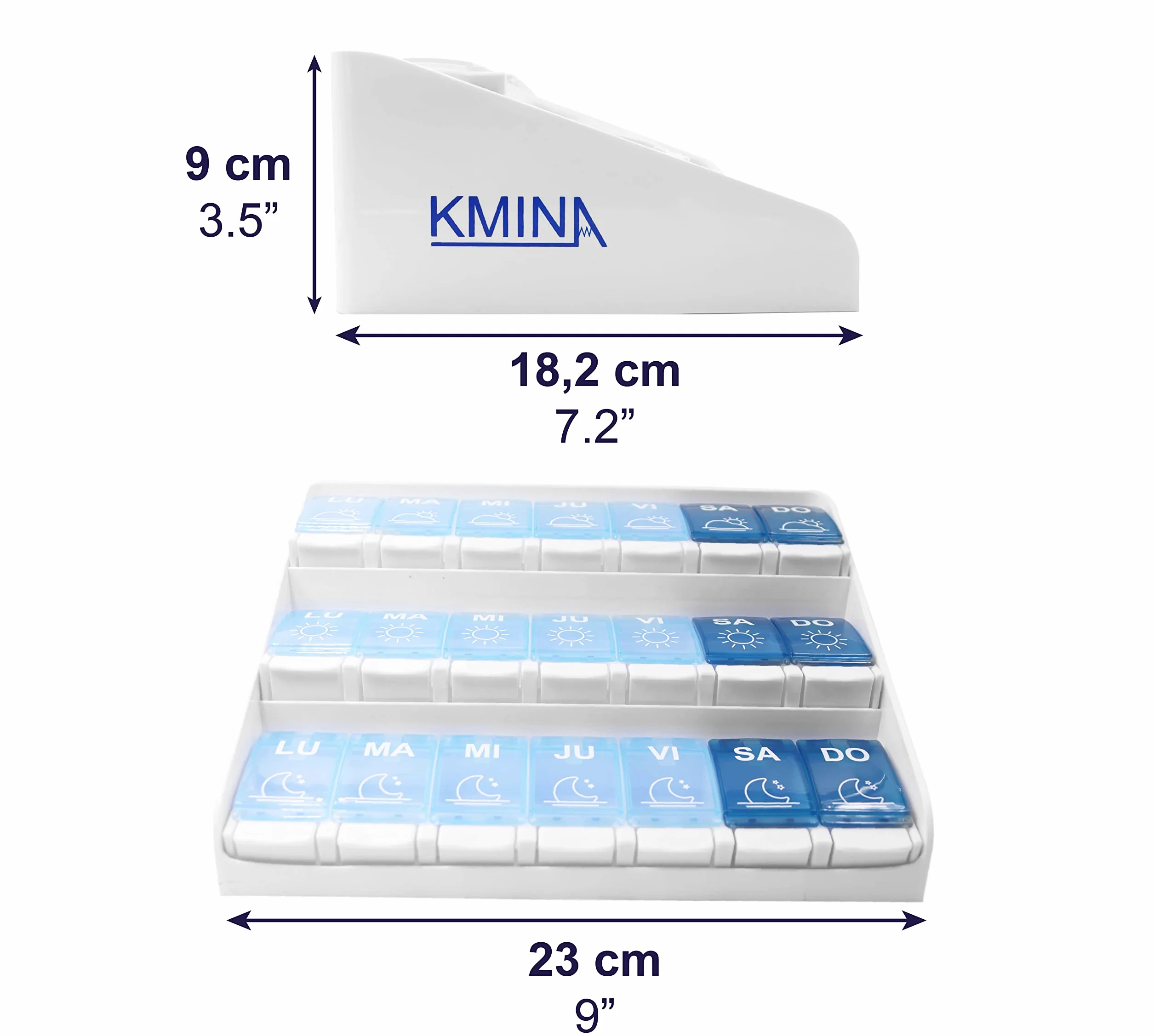KMINA Pastillero Semanal 3 Tomas Grande Organizador de Medicamentos Patentado Fabricado en España
