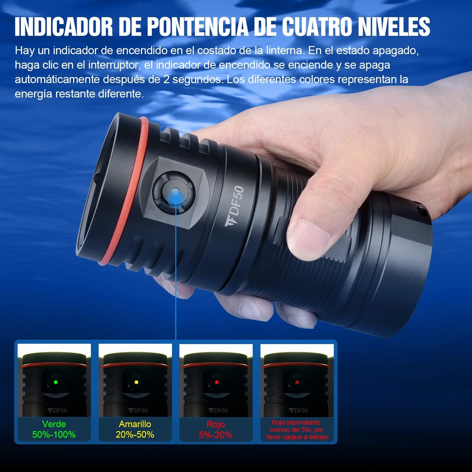 Linterna de Buceo, TrustFire DF50 Kit Antorcha de Buceo Recargable 6500 Lúmenes, Linterna Sumergible 70M Impermeable, 3 Tipos Diferentes de Iluminación（Luz de Blanca, UV, Roja）