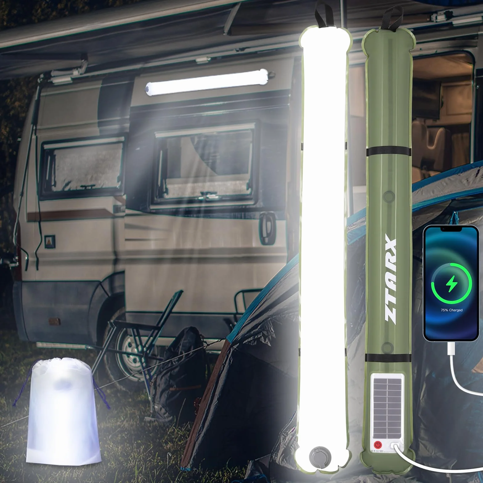 Qoolife LED Lámpara Camping Recargable 4000mAh Linterna Plegable Solar con 4 Modos Iluminación 85cm