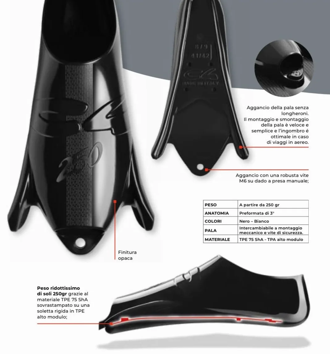 C4 Aletas MB002 - Aletas de carbono Apnea para pesca subacuática con zapatilla C4 250, dureza pala 20-25-30, longitud de la pala 87,5 cm