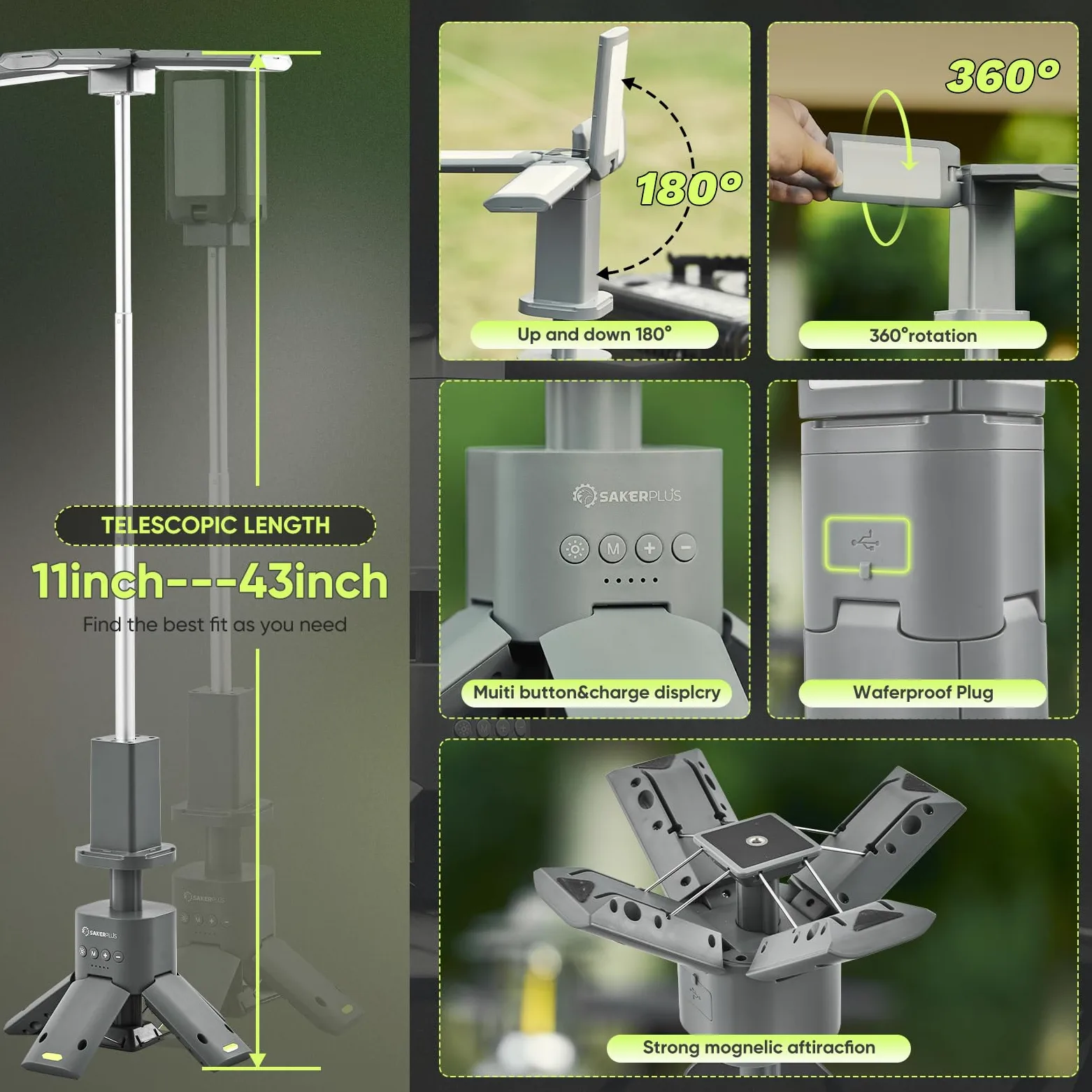 SakerPlus Linterna telescópica de camping, fuente de alimentación recargable de 14000 mAh, lámparas magnéticas regulables de 6000 lúmenes, iluminación de trabajo