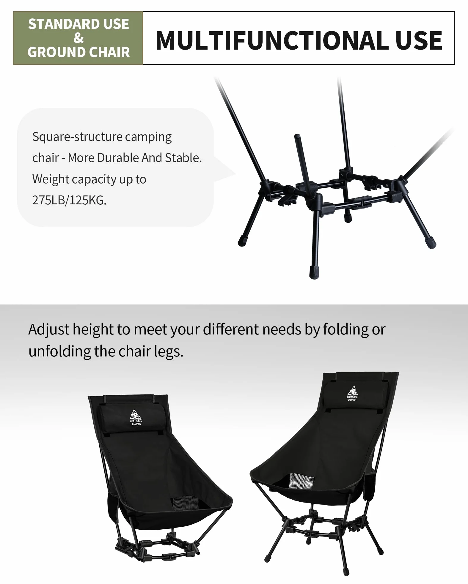 OneTigris Dragonhide - Silla de camping con diseño de almohada, cómoda silla plegable con asiento ampliado, capacidad de 275 libras