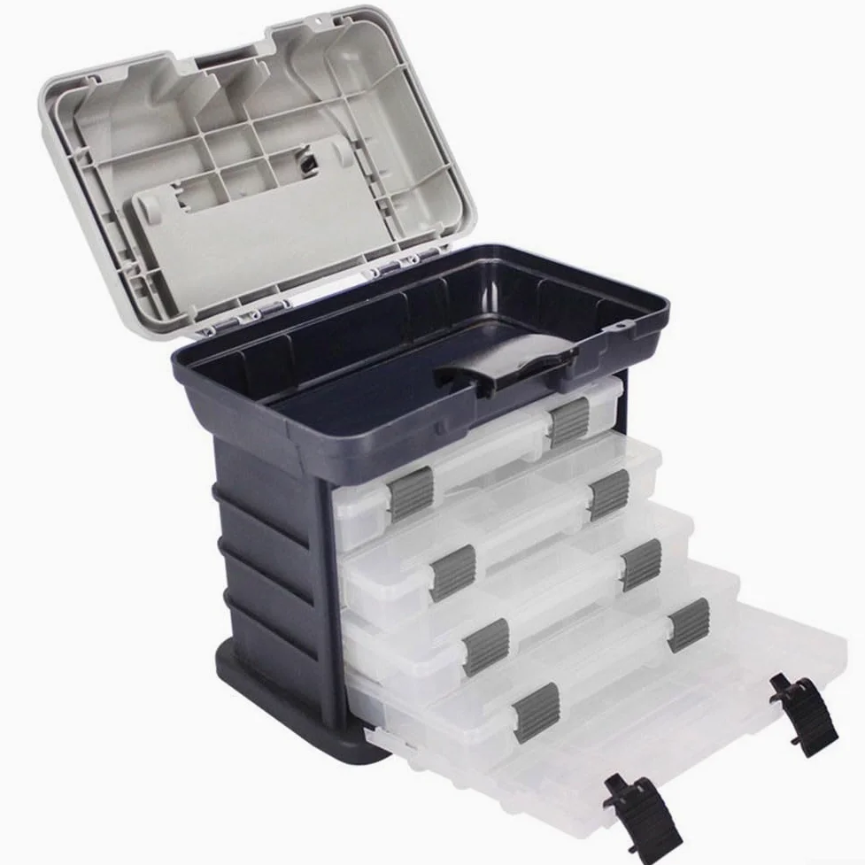 Caja de aparejos de pesca, organizador de almacenamiento portátil de 4 capas con asiento de asa plegable, bloqueo de hebilla gruesa para líneas de carretes de señuelo, caja de engranajes