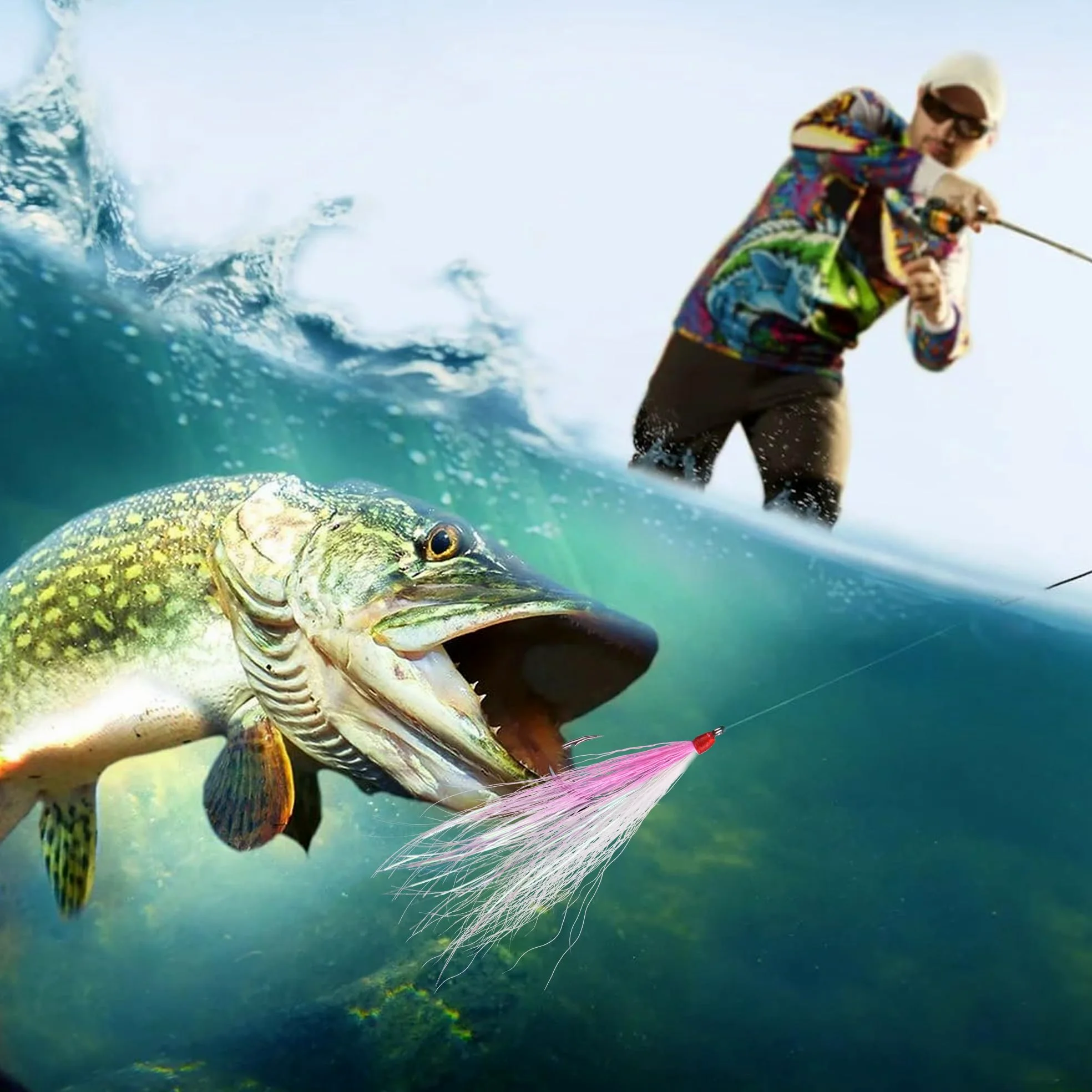 10 piezas Bucktail Teaser con ganchos de pesca, 5 colores, señuelos de pesca de cola de hebilla crastal Mylar Flash Faldas para trucha salmón mezcla de colores