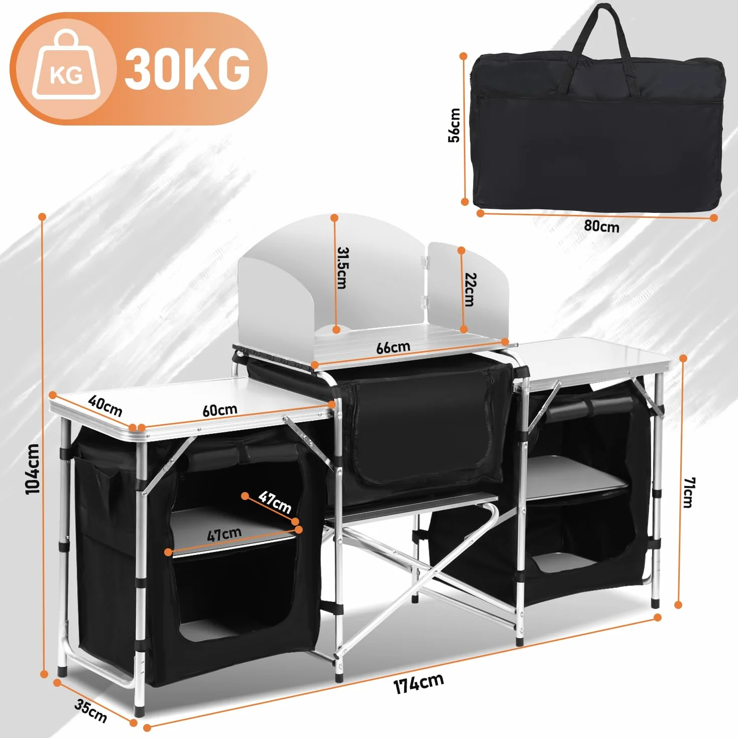 Cocina de camping, armario de camping plegable con protección contra salpicaduras, bolsa de transporte, incluye muebles de camping, cocina de camping al aire libre, con estructura de aluminio,