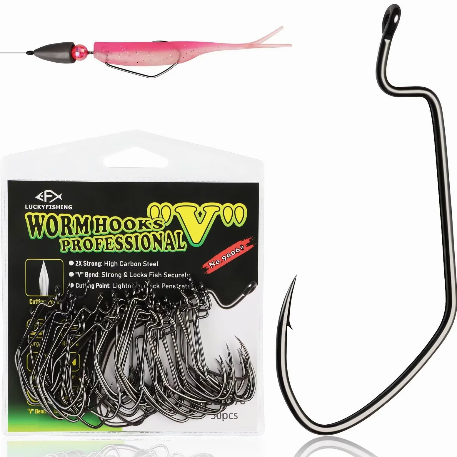 LUCKYFISHING EWG - Ganchos de gusano para pesca de lubina, 50 unidades, equipo Texas Offset para agua dulce y salada, tamaño 1 1/0 2/0 3/0 4/0 5/0