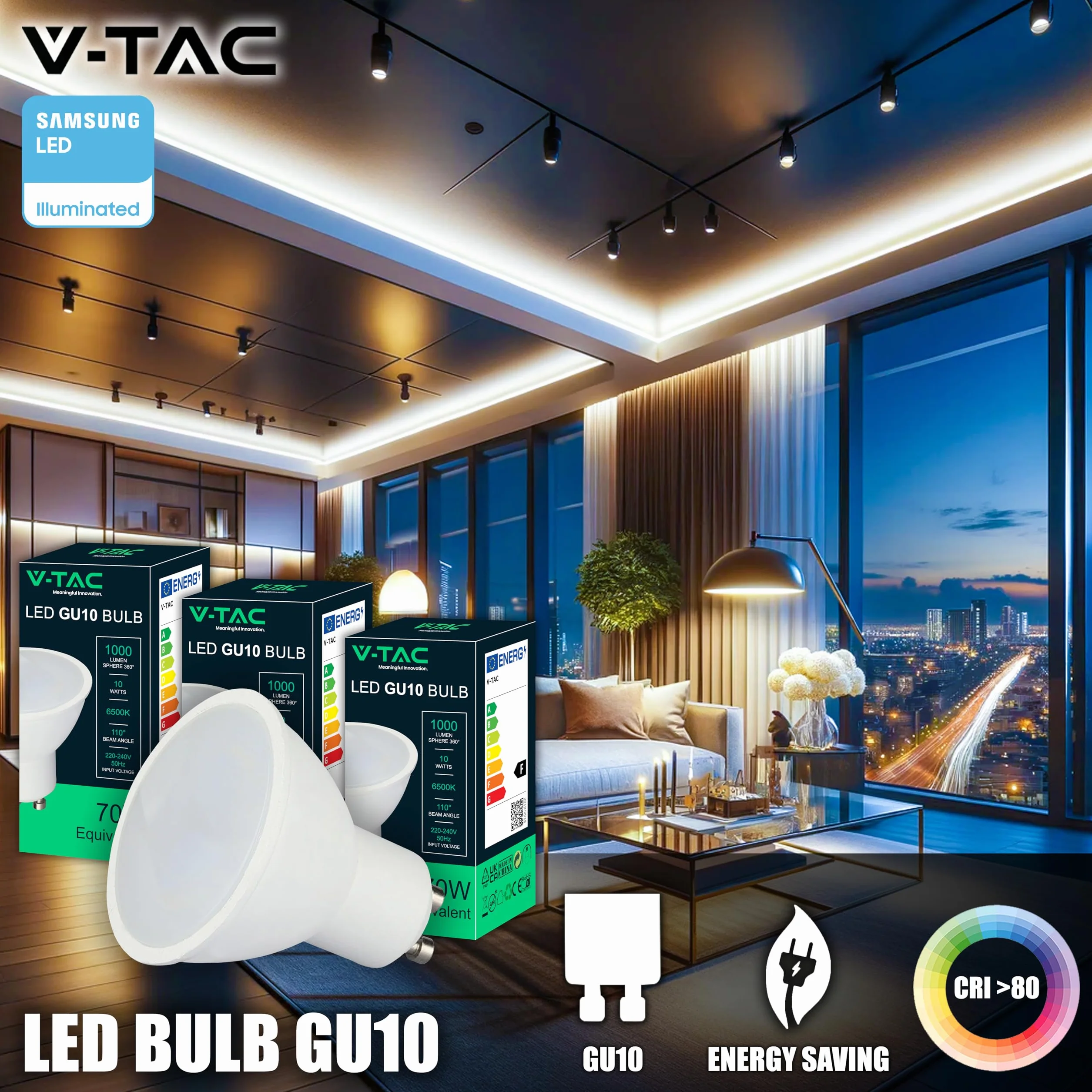 V-TAC Bombillas LED GU10 10W 1000 Lumen 6500K Blanco Frío Paquete 3