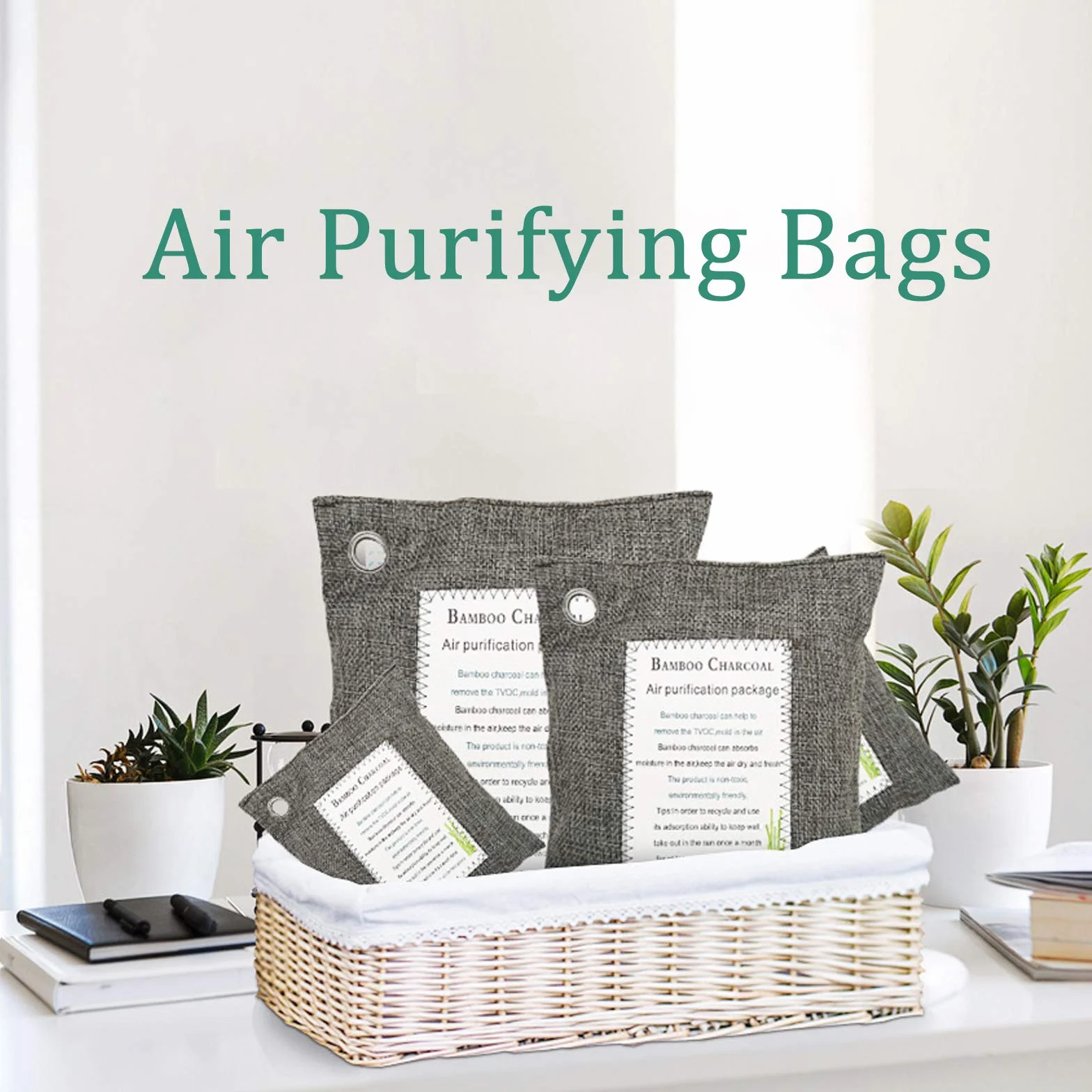 Bolsas purificadoras de aire de carbón de bambú activado, absorbentes de olores, deshumidificador natural, Paquete de 4