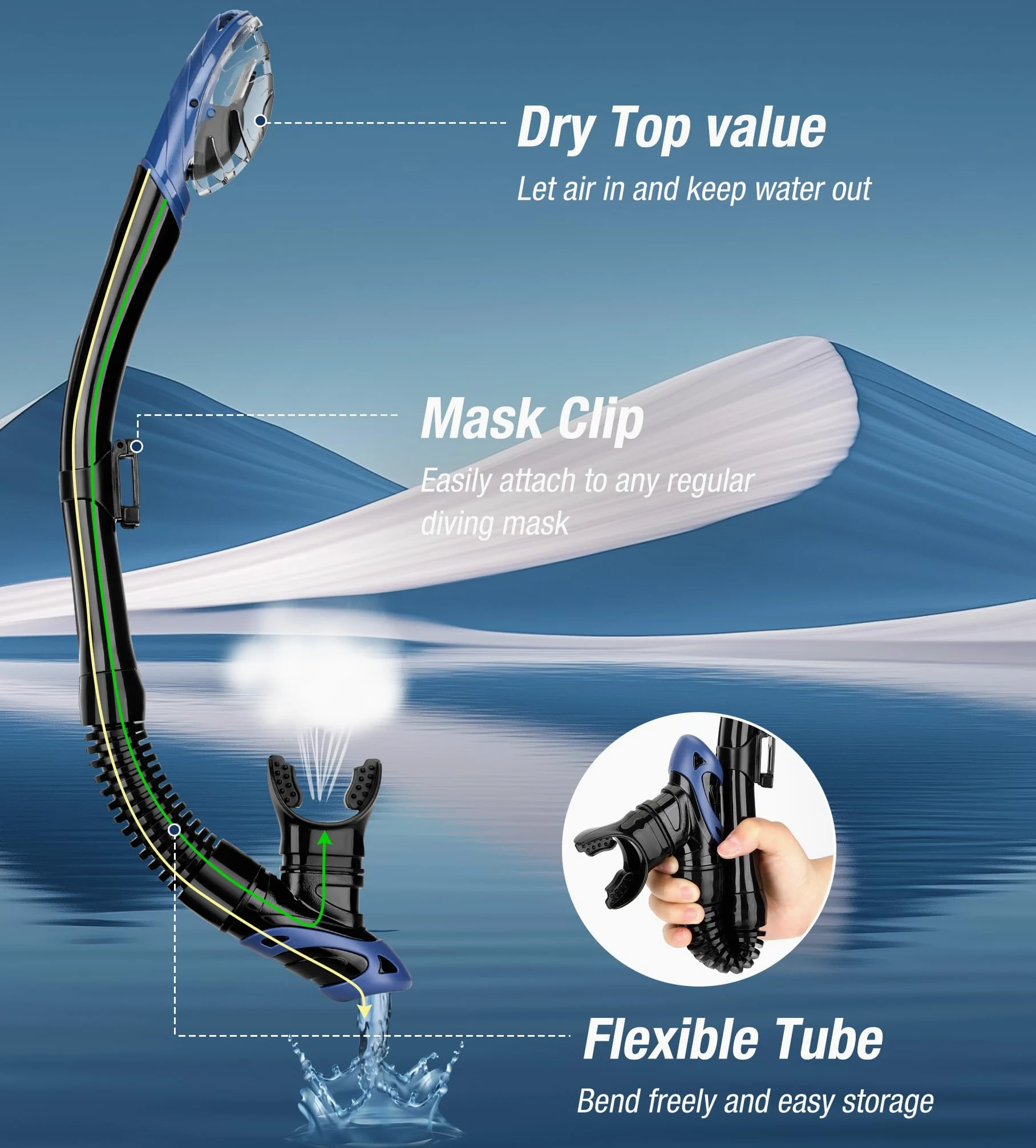 Aegend Snorkel seco de buceo para adultos y jóvenes, equipo de esnórquel con válvula seca superior, perfecto para esnórquel, buceo libre, natación y buceo