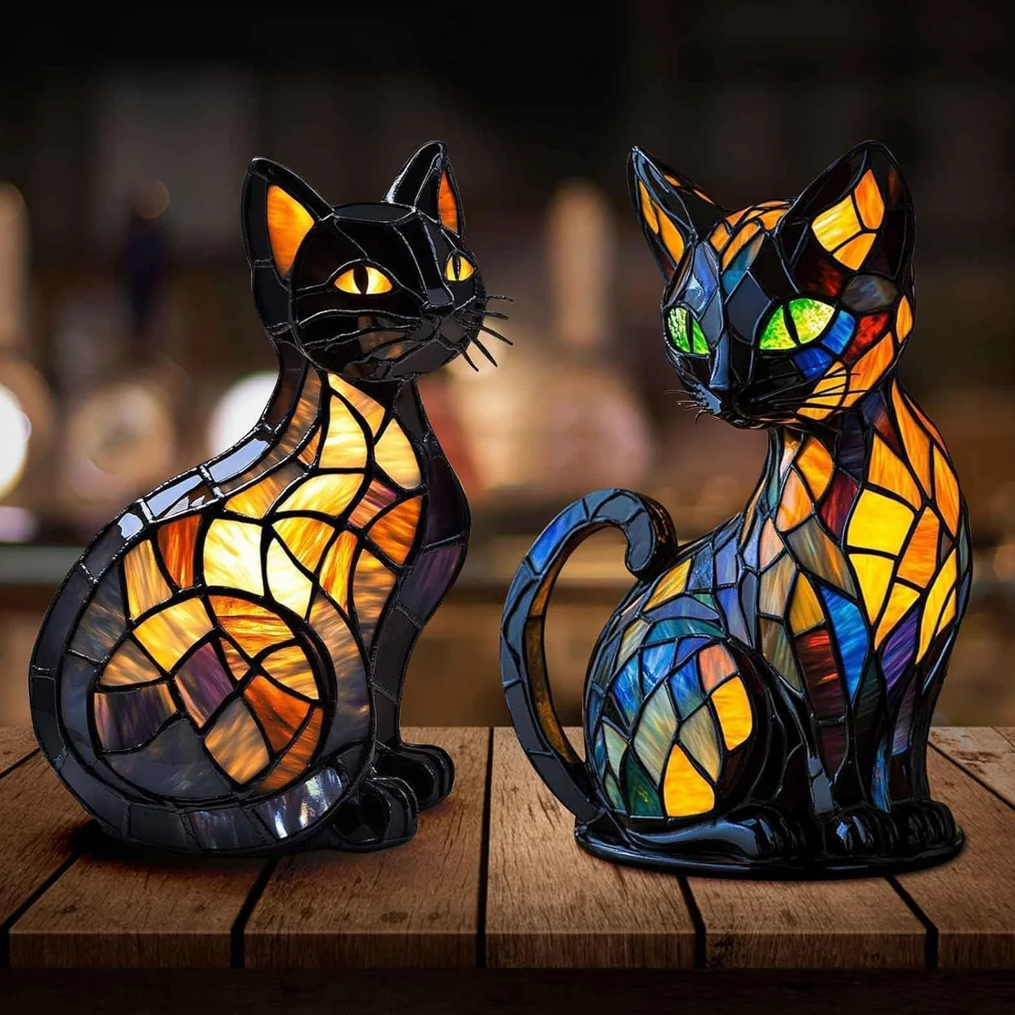 Solymall Glowkitty Cat Lamp Stained Glass Retro Resin Tabletop Night Light 3D Cute Pet LED Table Light
