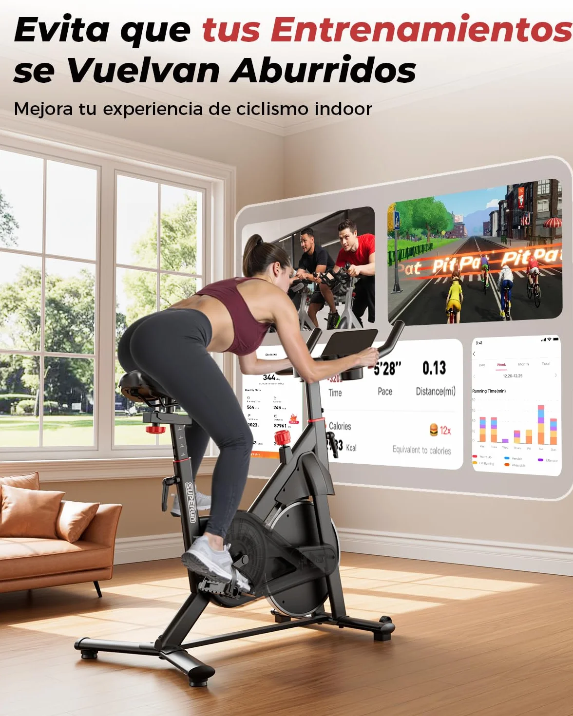Superun Bicicleta de Interior equipada con APP Exclusiva, 32 Niveles de Resistencia, Bicicleta de Ejercicio, Capacidad Máxima de Carga de 136 kg, uso en Gimnasio en Casa