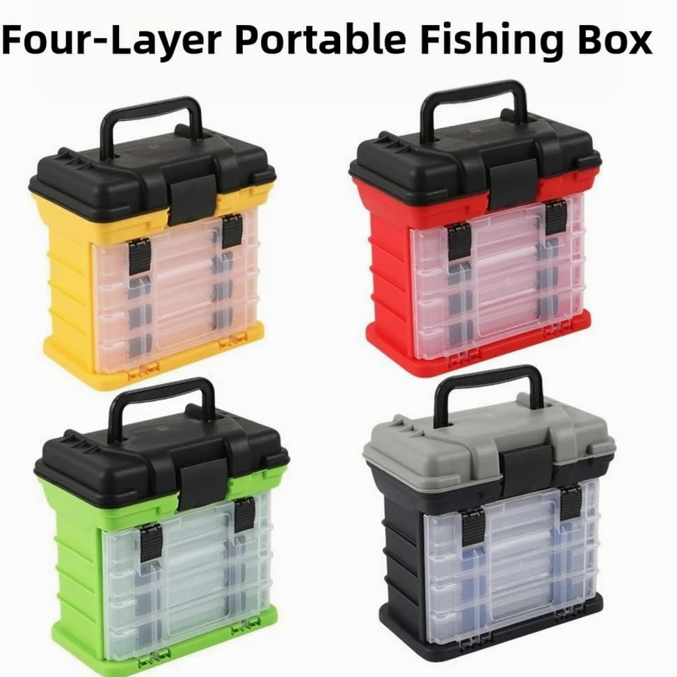 Caja de aparejos de pesca de cuatro capas con 4 bandejas extraíbles y separadores ajustables, organizador portátil para anzuelos, carretes, herramientas, equipo al aire libre, rojo (verde)