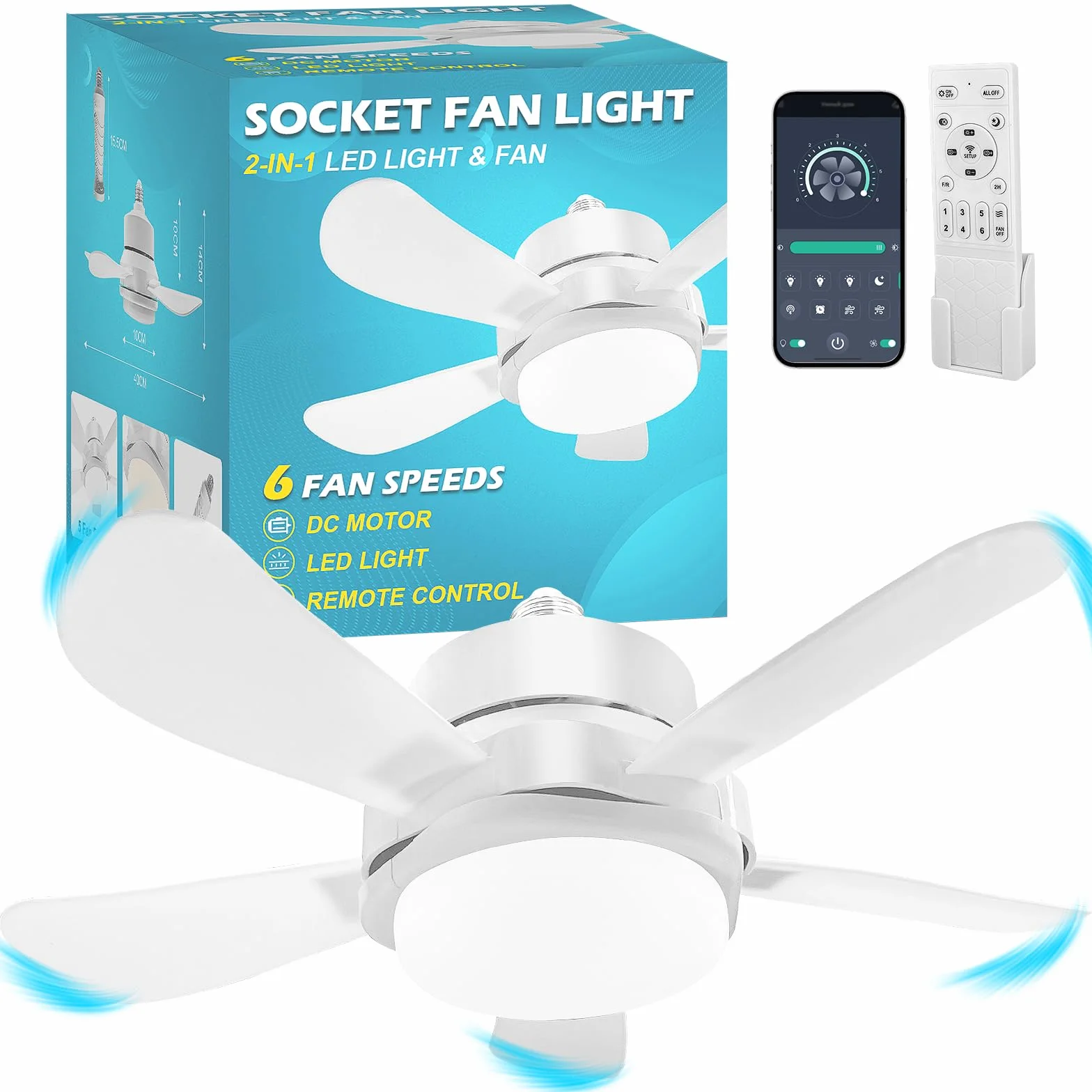 Ventilador de Techo con Luz LED 40 cm, E27, 6 Palas, Motor DC 6 Velocidades, 6000K Blanco