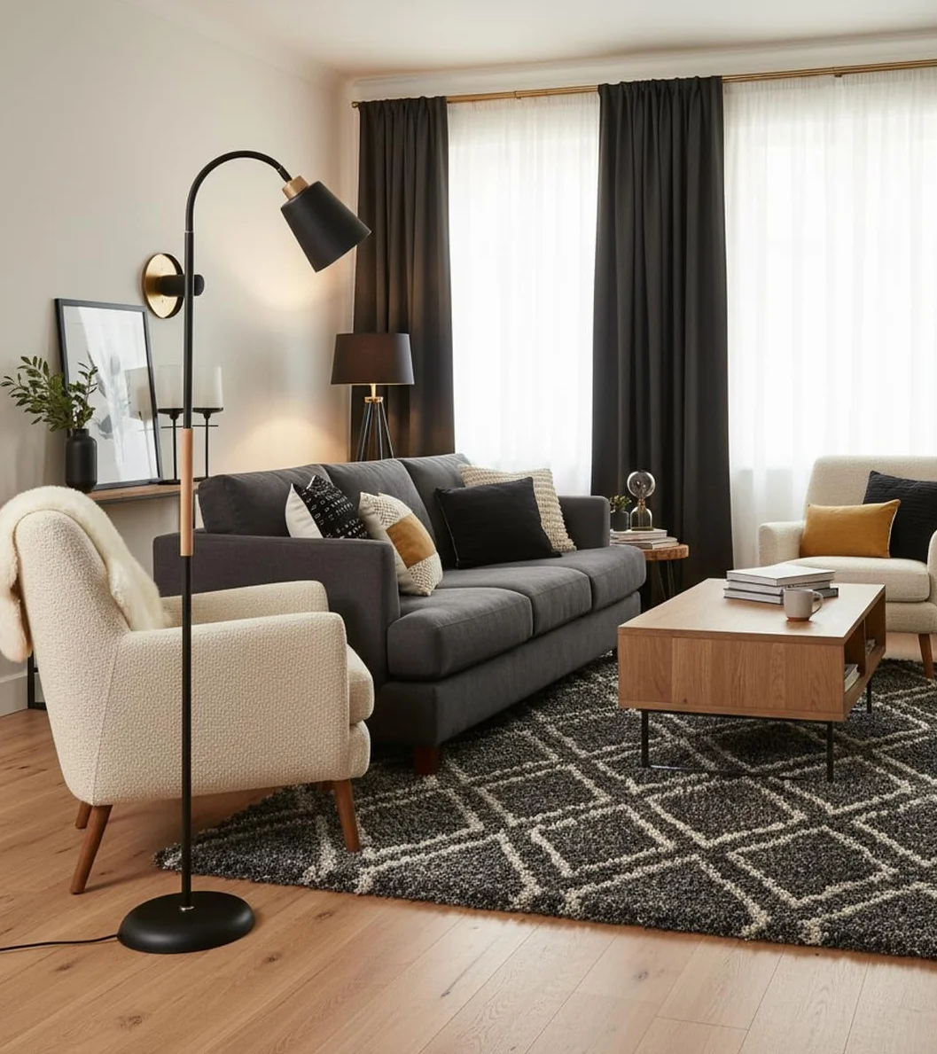 Lámpara de Pie SWEDEN Metal Madera 150cm Acabado Mate Brazo Orientable E27 Iluminación Escandinava Negro