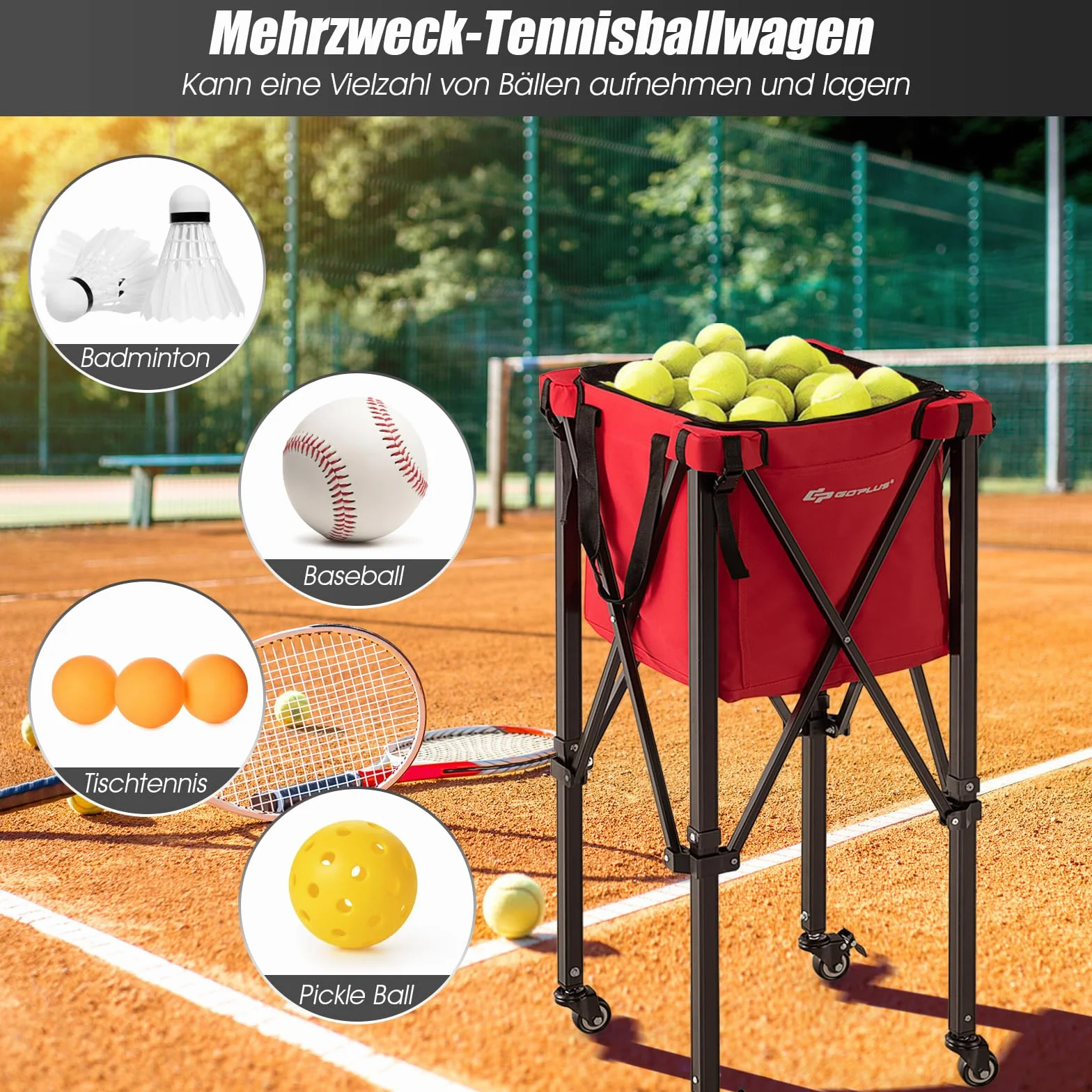 GOPLUS Carro de tenis plegable, carrito de pelotas portátil con bolsa de transporte, carrito de pelotas de tenis de aluminio y tela Oxford, soporta hasta 30 kg, cesta para pelotas de tenis, bádminton