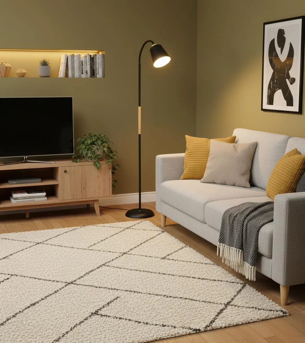 Lámpara de Pie SWEDEN Metal Madera 150cm Acabado Mate Brazo Orientable E27 Iluminación Escandinava Negro