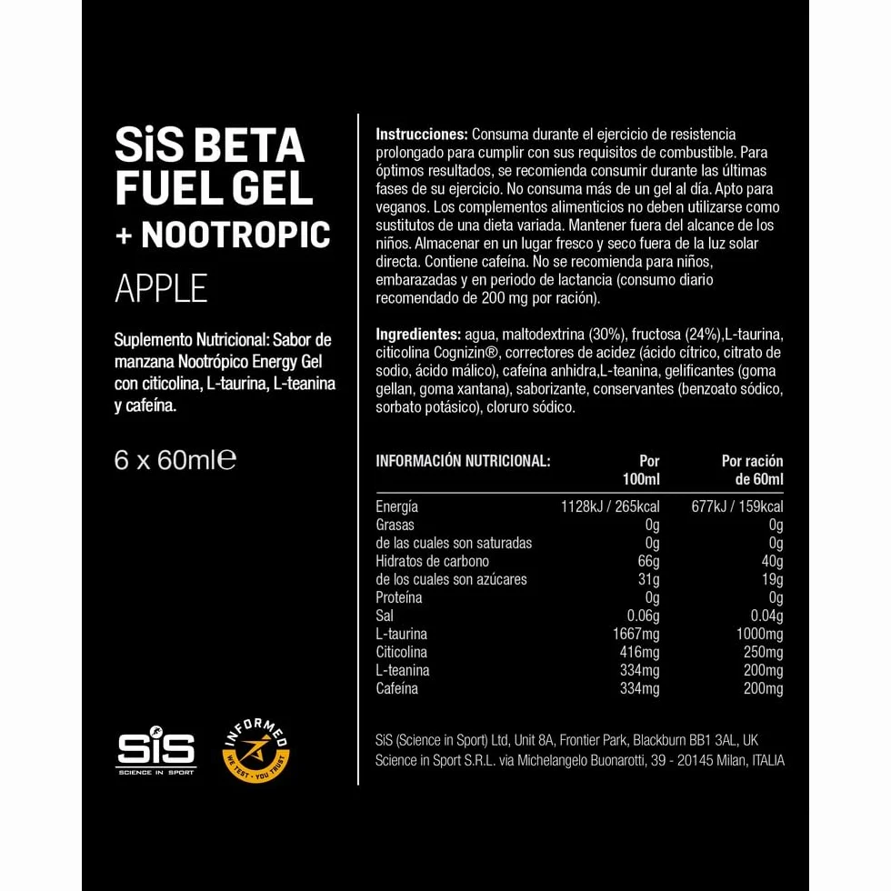 Science in Sport BETA Fuel + Nootropics Gel 6x60ml Manzana - Gel energético con 40g carbohidratos para deportes de resistencia