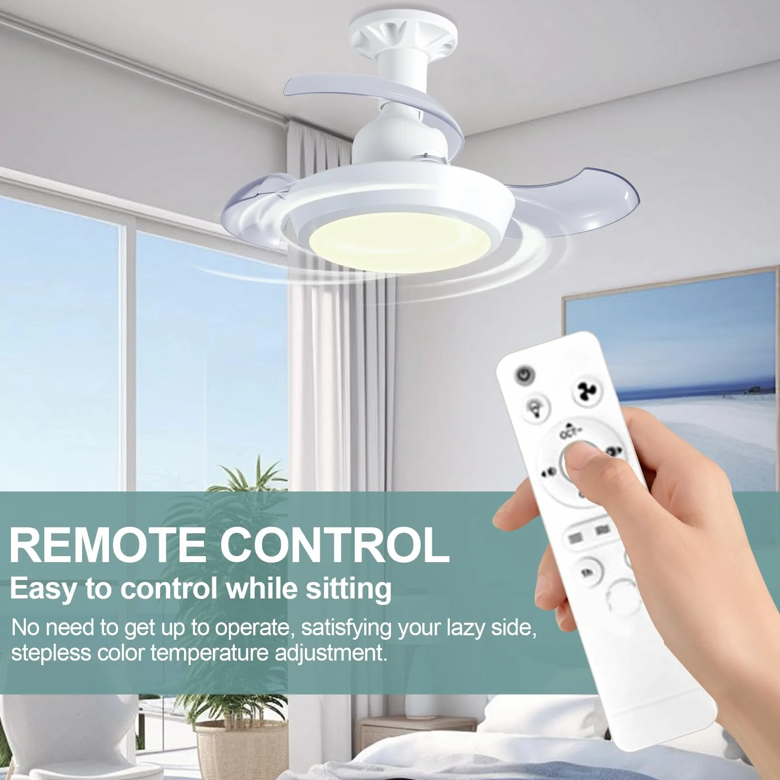 IERAKOR Ventilador de Techo con Luz E27 42CM Lámpara LED Silencioso 33W Regulable 3 Velocidades Aspas Ocultas