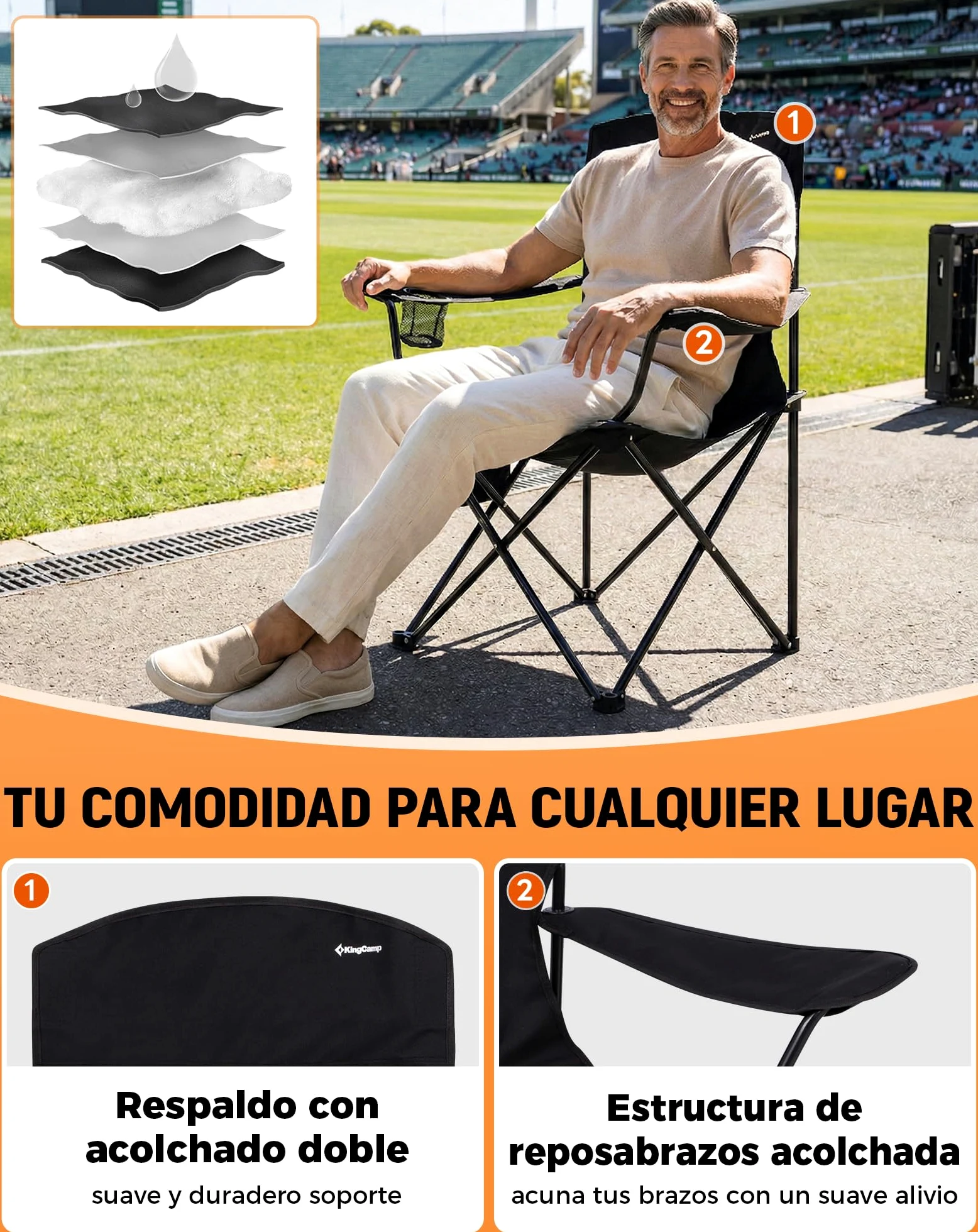 KingCamp Silla de Camping Plegable Ergonómica Acolchada 150 kg | Con Portavasos, Bolsillo Lateral, Solo 2,8 kg, Tamaño Compacto 15×15×93 cm para Camping, Jardín, Pesca y Exterior