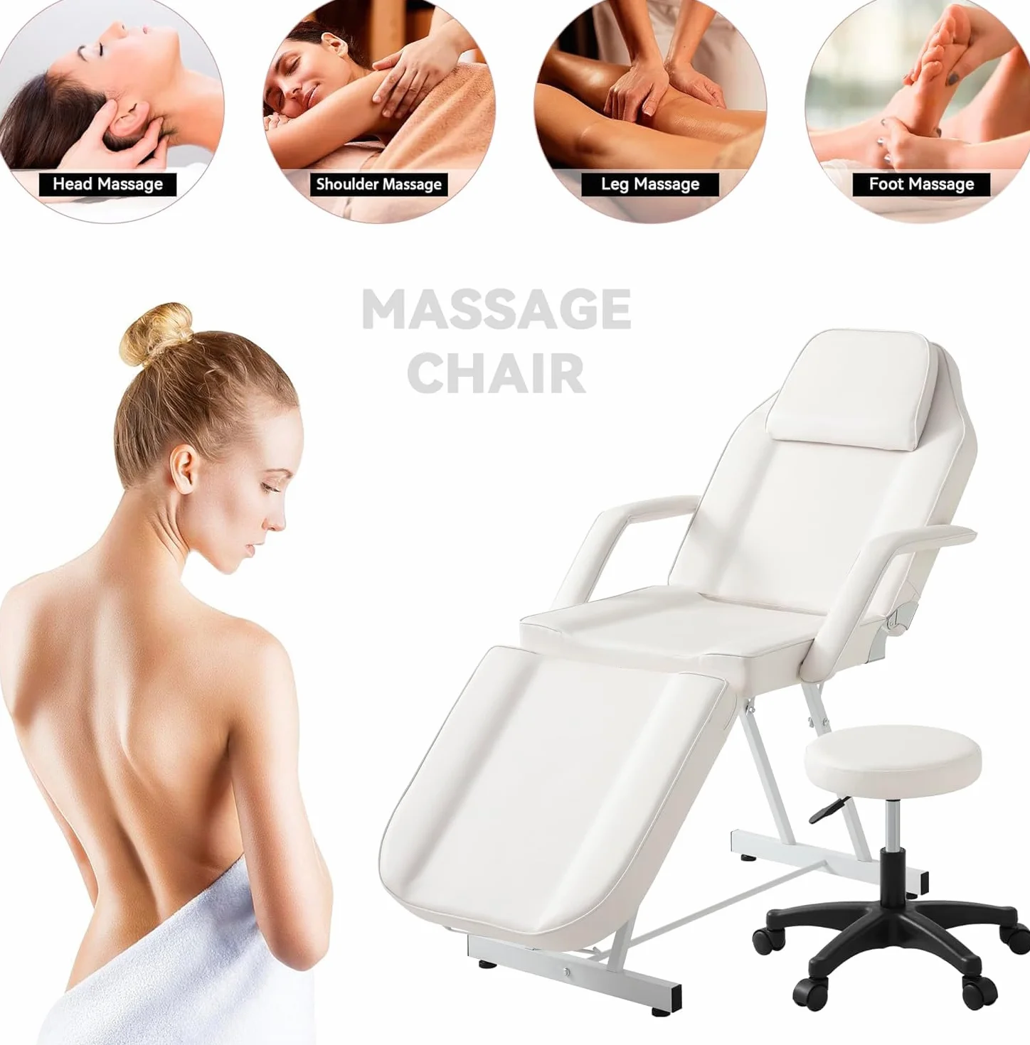 Camilla Masaje Plegable con Taburete 3 Zonas Profesional Ajustable Reposabrazos Reposacabezas para SPA Tatuaje Facial Pedicure (Blanco)