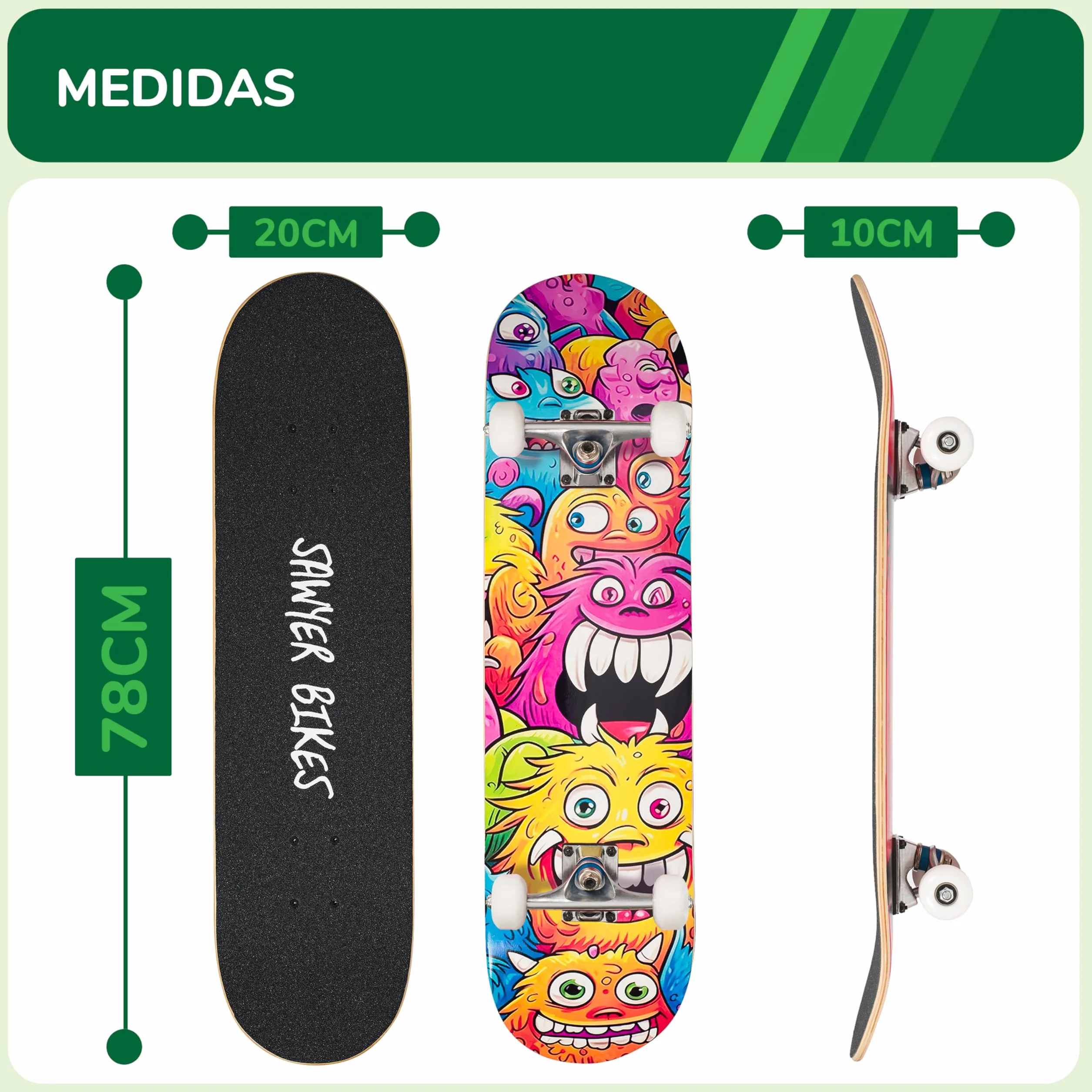 Sawyer Bikes Monopatín Skateboard 78cm x 20cm Niños Adolescentes