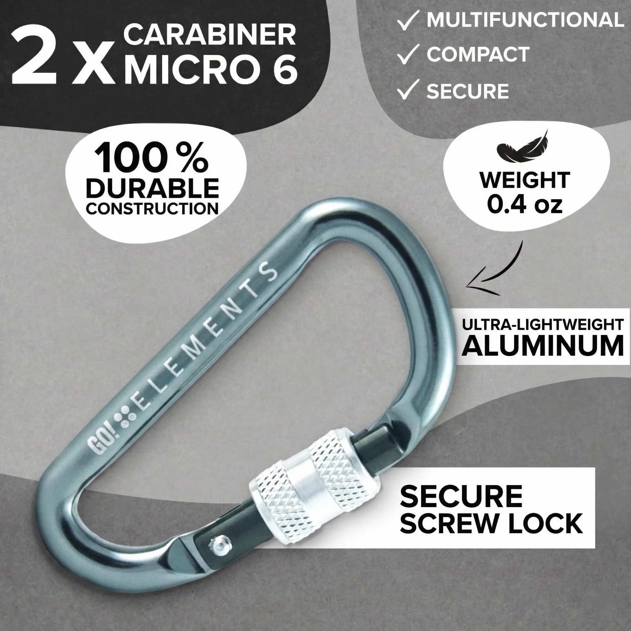 GO!elements Mini Mosquetón Micro 6 con tapón de Rosca, envase de 2 o 6 Unidades !