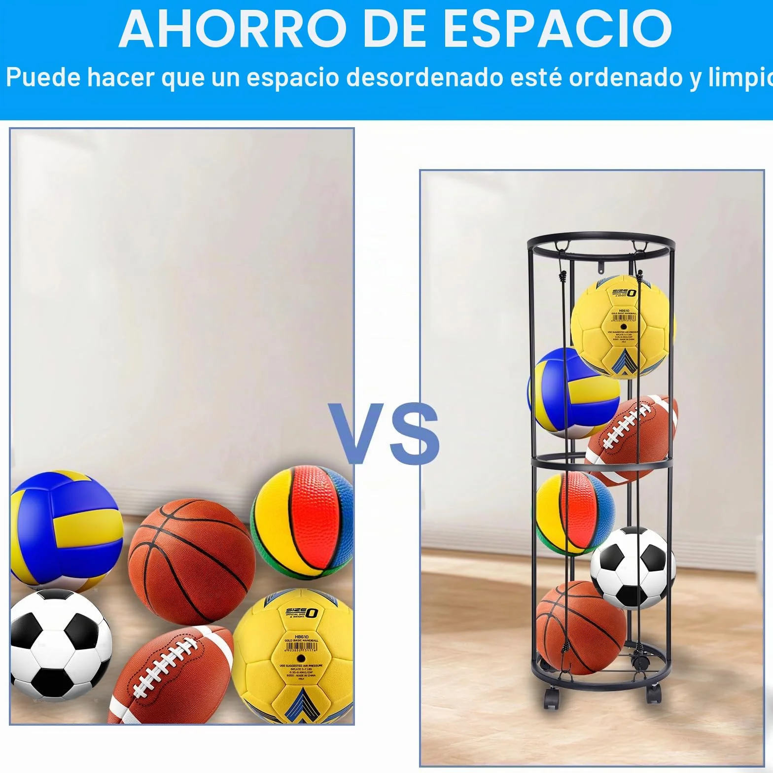 Rack Vertical de balones de 2 Niveles con Ruedas, Estante de Almacenamiento de balones Deportivos, Organizador de Almacenamiento de balones Deportivos para Garaje Que Ahorra Espacio