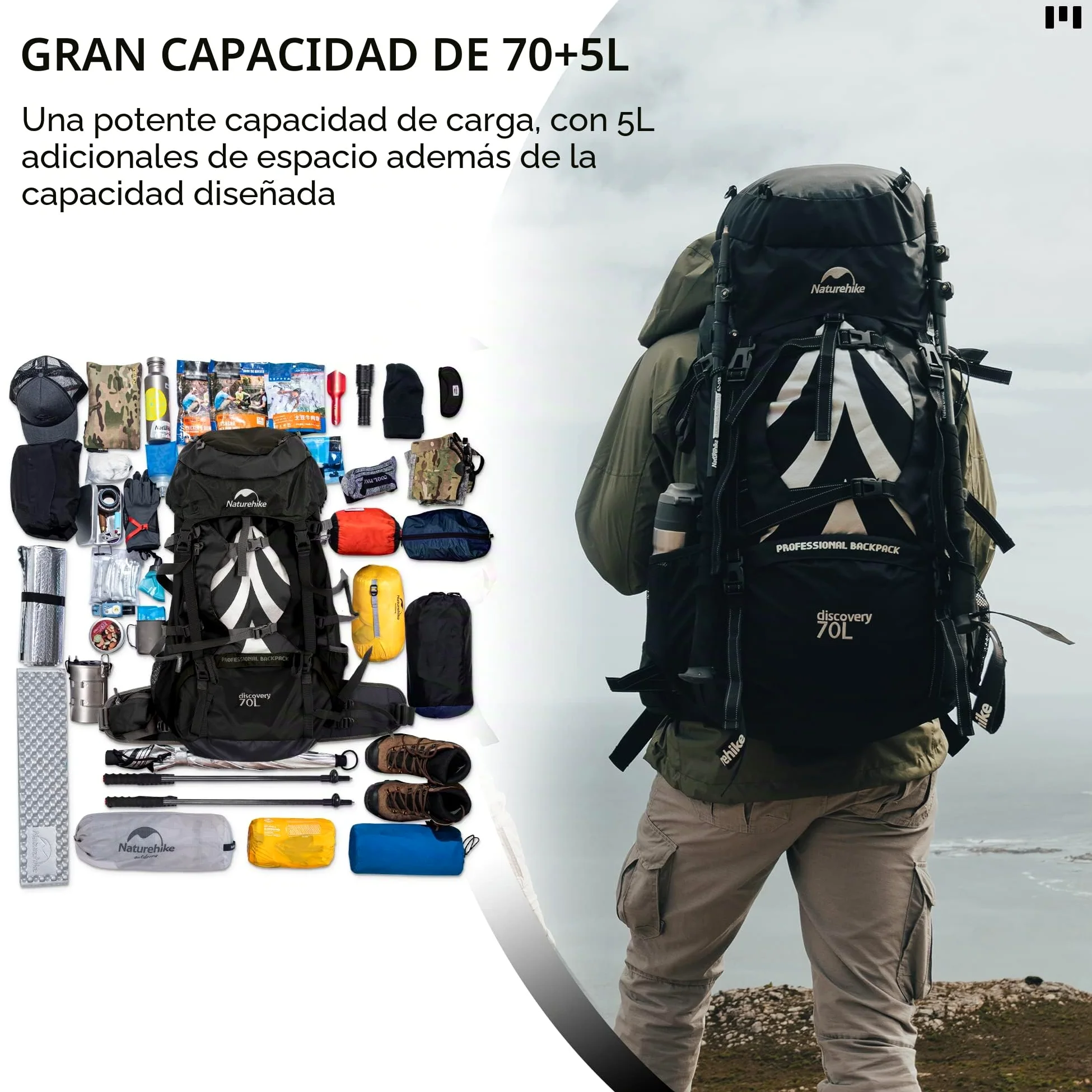 Naturehike Mochila de Senderismo 70L Hombres Mujeres Trekking Mochila Ultraligero Impermeable Mochila Grande Mochila de Viaje con Raincover para al Aire Libre, Montañismo,Camping (Negro)