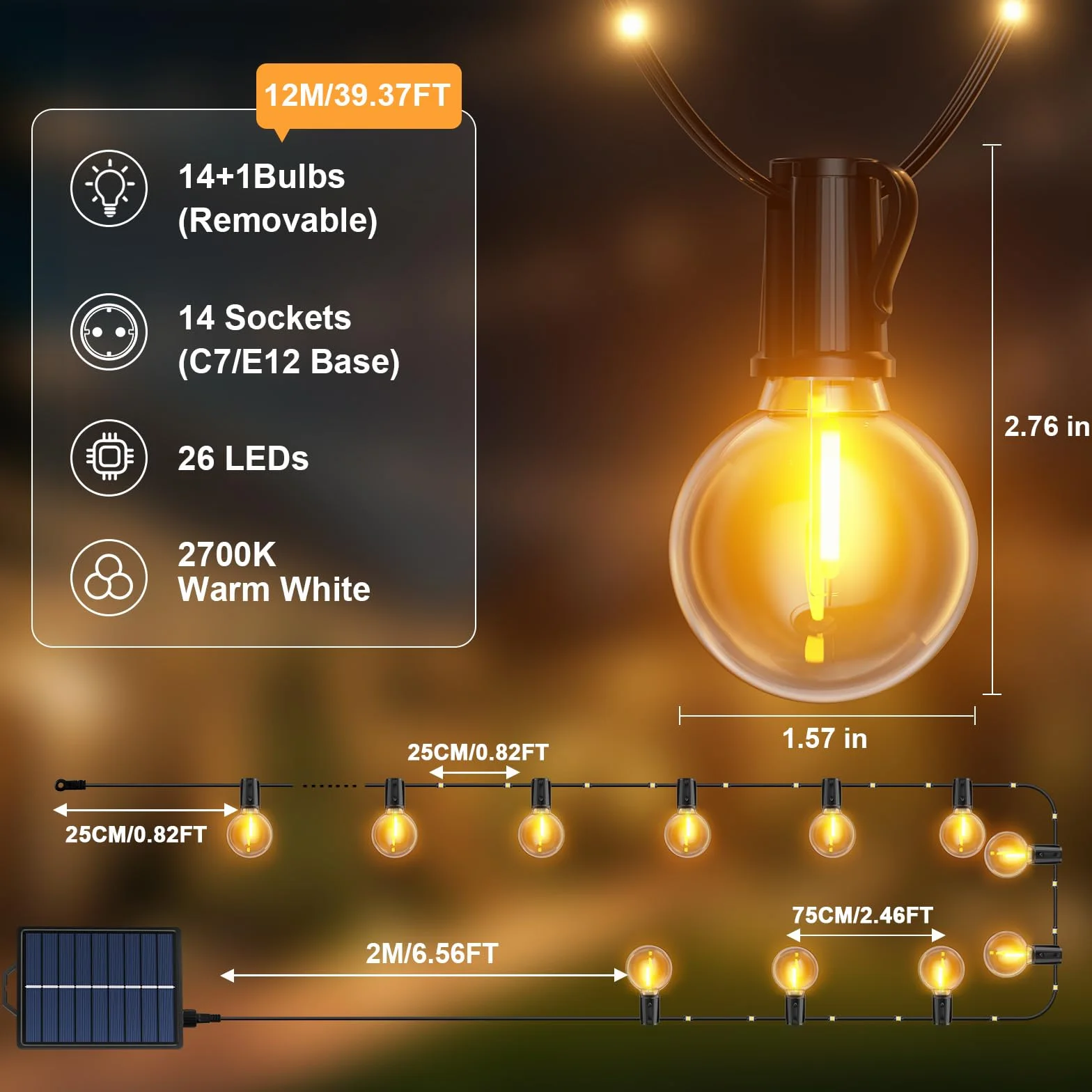 Guirnaldas Luces Exterior Solar 12M 39.4Ft Lámparas Solares de Jardín con 14+1 G40 Bombillas 26 Perlas LED 19 Modos Impermeable