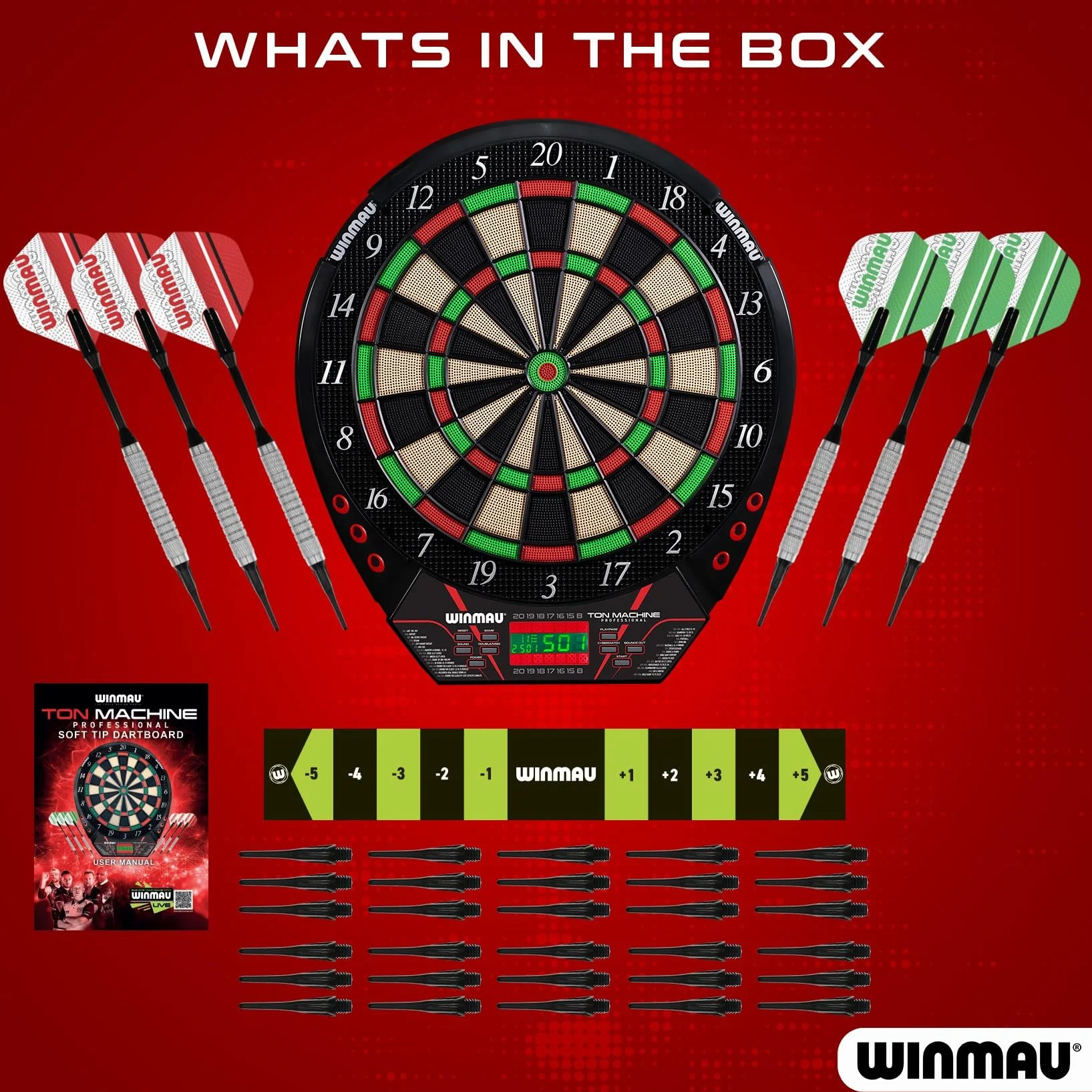 WINMAU Darts - Ton Machine Tablero de Dardos electrónico con más de 90 Juegos y Marcador Digital para 8 Jugadores: 2 Juegos de Dardos de Punta Blanda, línea de Lanzamiento y Puntas de plástico