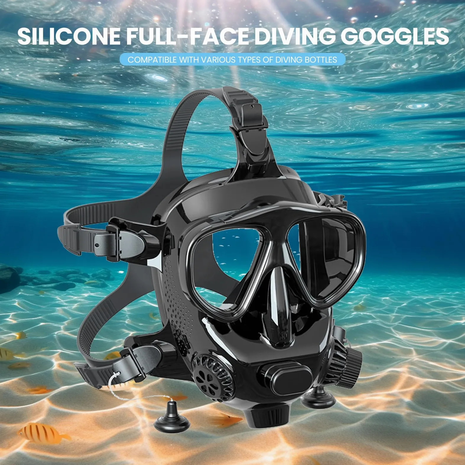 TUDIVING - Máscara de Buceo de Cara Completa con Soporte para cámara, Vista panorámica de 180°, máscara de Snorkel de Cara Completa para Adultos, Compatible con Tanques de Buceo de 1L/2L