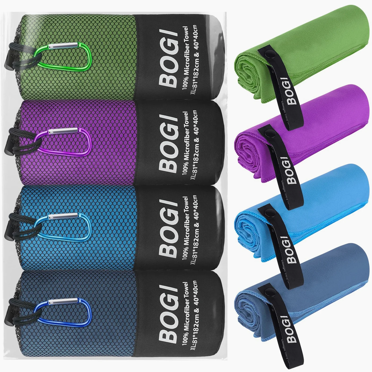 BOGI Paquete de 4 (8 piezas) de toallas deportivas de microfibra de secado rápido, toalla de camping de microfibra suave y ligera, toalla de viaje compacta para camping, gimnasio, playa, baño, yoga,