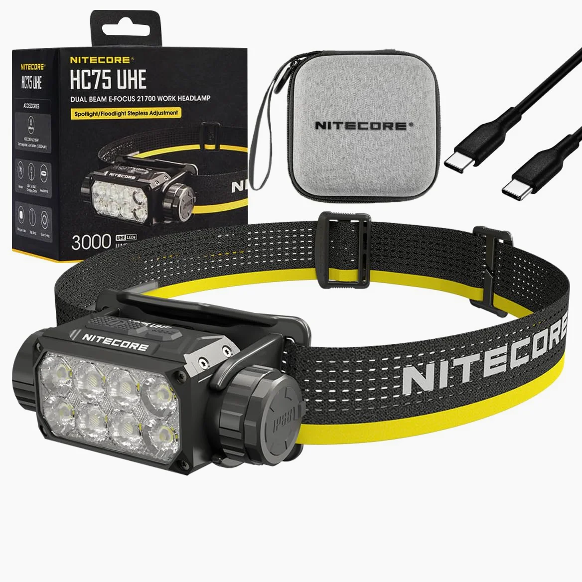 Nitecore HC75 UHE Linterna frontal HC75 UHE recargable E-Focus foco foco faro 192 m haz -3000 lúmenes (actualización de HC68) con batería y cable de carga USB-C Eco Sensa