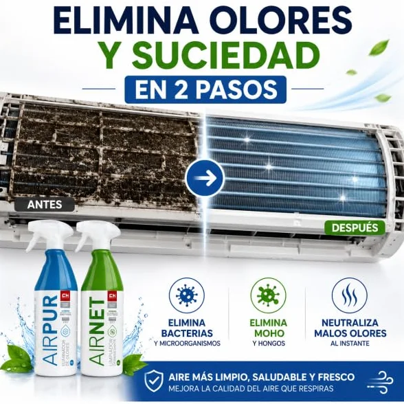 Bilake Pack AIRNET + AIRPUR Limpiador de Aire Acondicionado Spray 750ml Elimina Bacterias Hongos Malos Olores