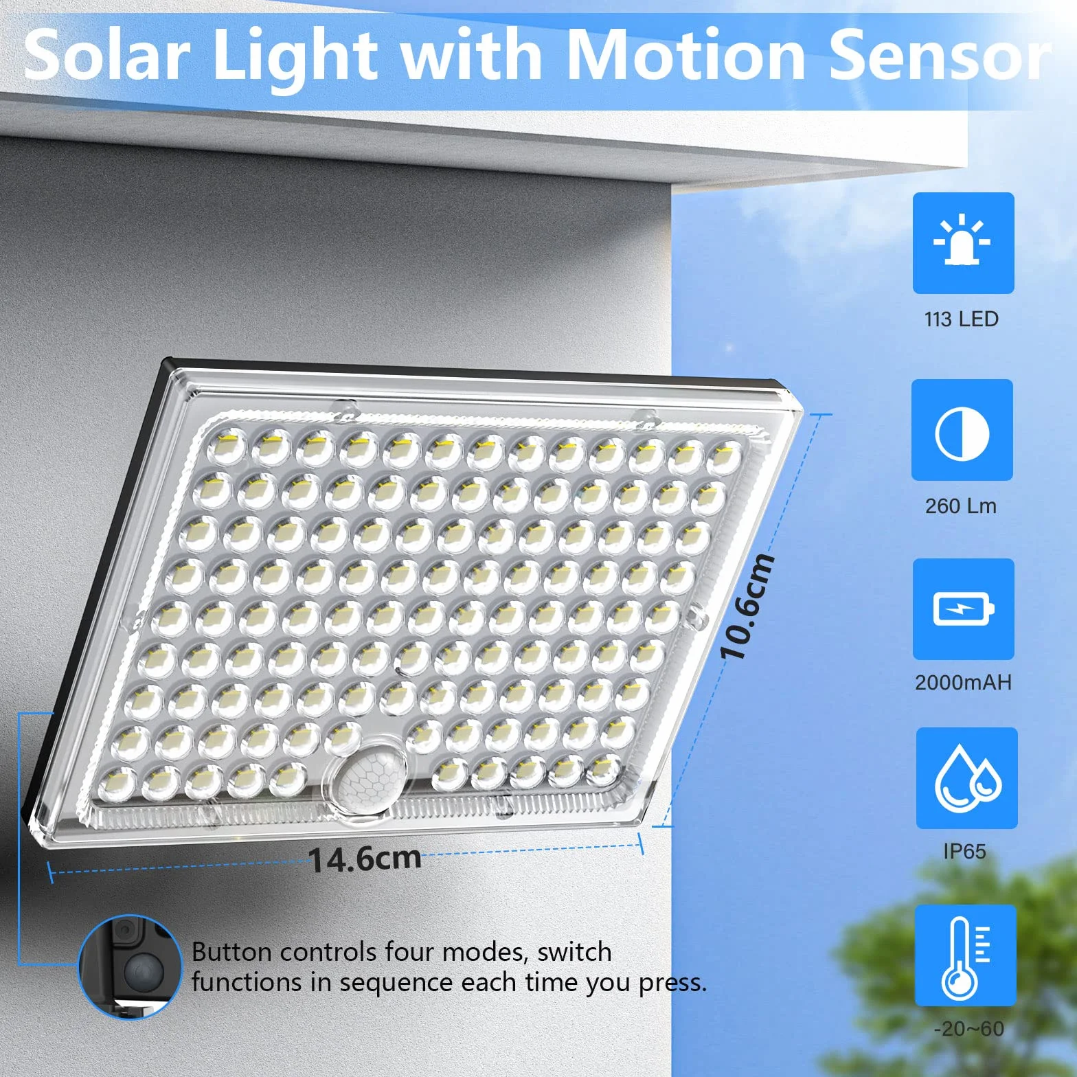 Realky Lampara Solar Exterior 113 LEDs 2000mAh 4 Modos Sensor Movimiento Foco LED Jardin Cable 5m
