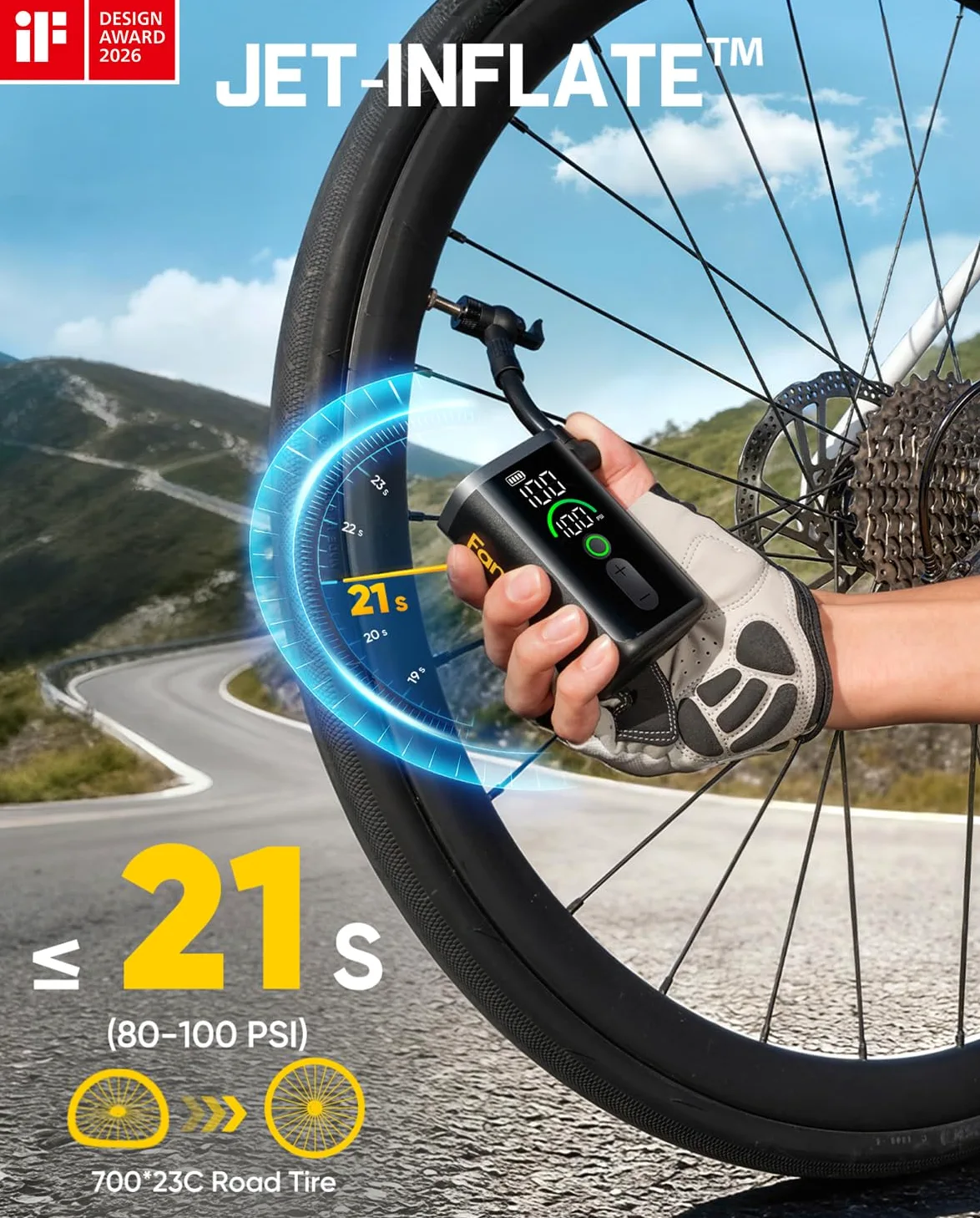 Fanttik X11 Ace Mini bomba de bicicleta, bomba de bicicleta de inflado rápido de 21 segundos con calibre, bomba de aire eléctrica de 150 PSI portátil con válvula Presta y Schrader para bicicleta de