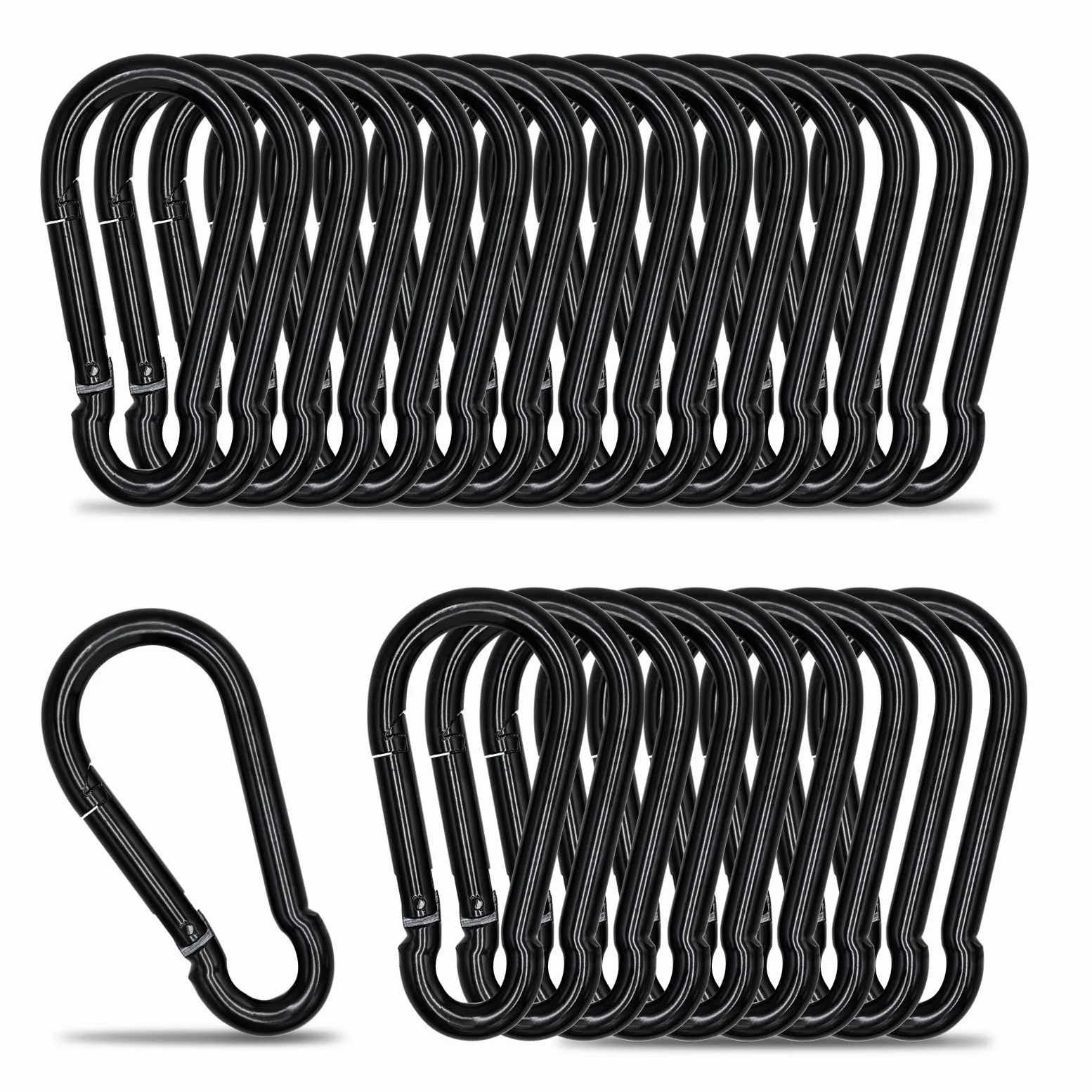 KINLINK Paquete de 25 mosquetones de acero al carbono negro, gancho de resorte resistente de 1.97 pulgadas, pequeños clips de caribeener para acampar al aire libre, columpio, hamaca, senderismo, pesca