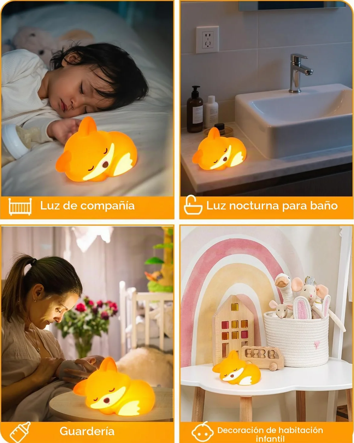 Amaredom Lámpara Infantil Zorro de Silicona Suave Luz Nocturna Bebé Brillo Regulable Apagado Automático 20 min