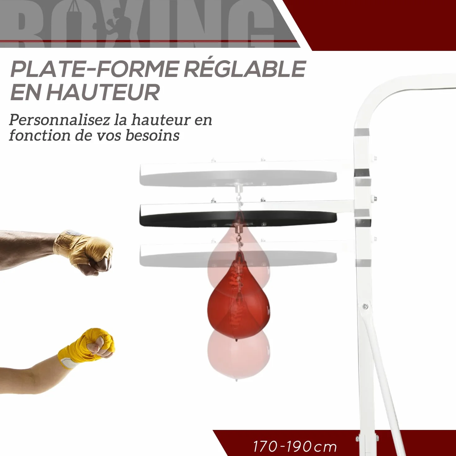 HOMCOM Soporte para saco de boxeo sobre pies autoportantes 2 en 1 con bulbo de velocidad regulable en altura plato redondo, robusto equipo de entrenamiento de acero para el hogar blanco
