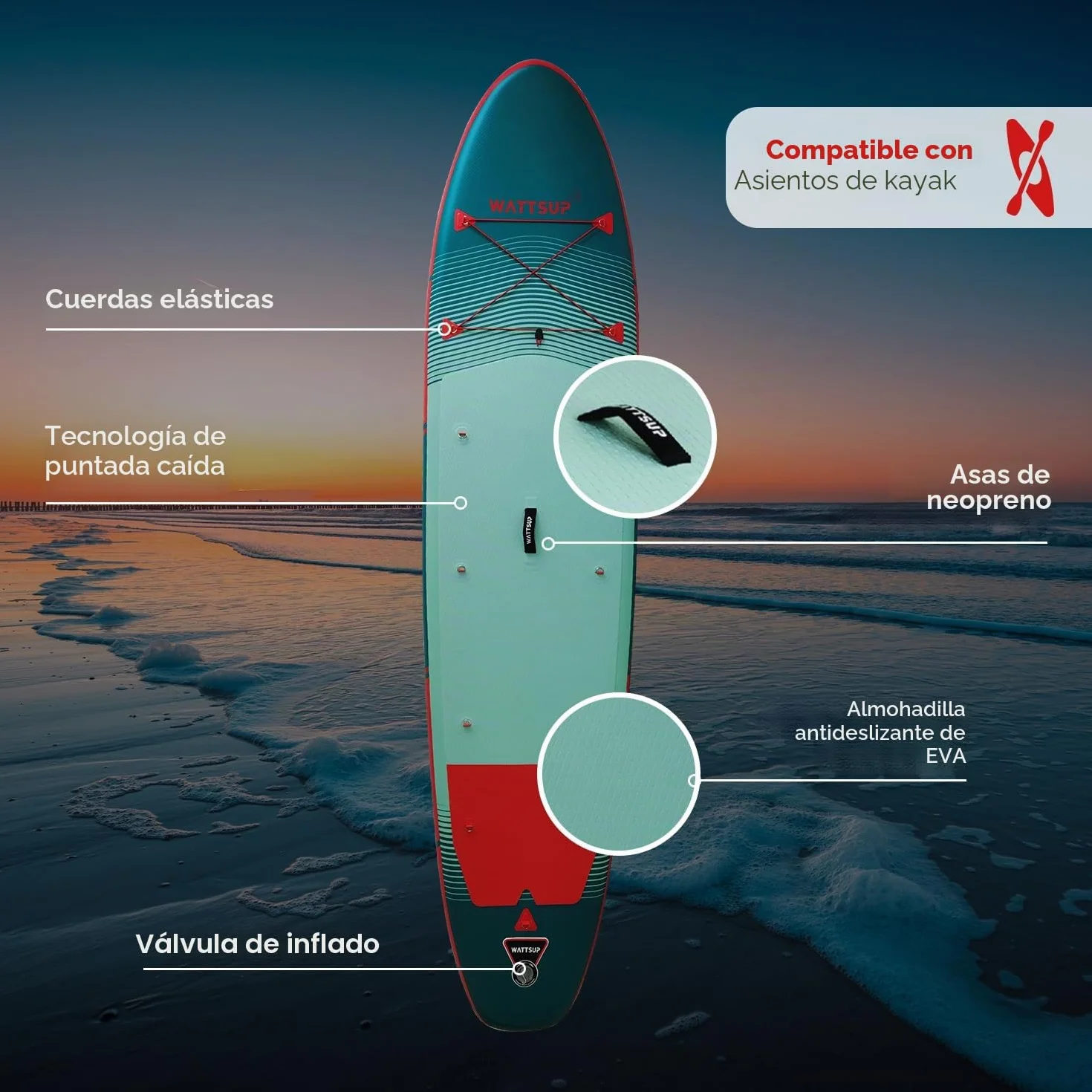 Wattsup - Sup Stand Up Paddle Inflable - Gama First - Dropstitch - Pack Completo: Remo, Leash, Bomba, Bolsa de Transporte