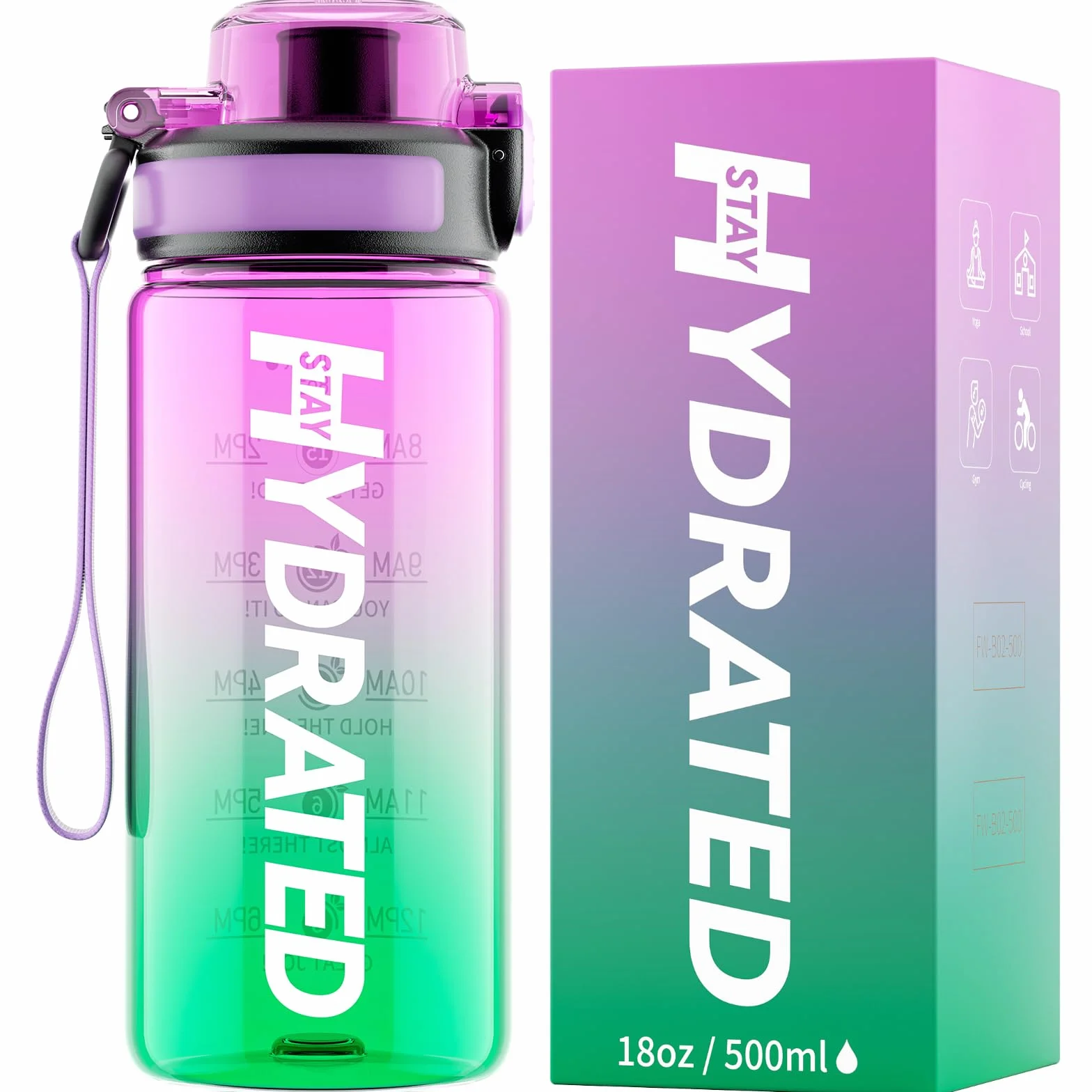 Mevoly Botella Agua Niños 500ML, Botella Agua Gimnasio sin BPA con Marcador de Tiempo, Plastico Botella de Agua Deportiva Motivacional, Cantimplora para Colegio, Bicicleta