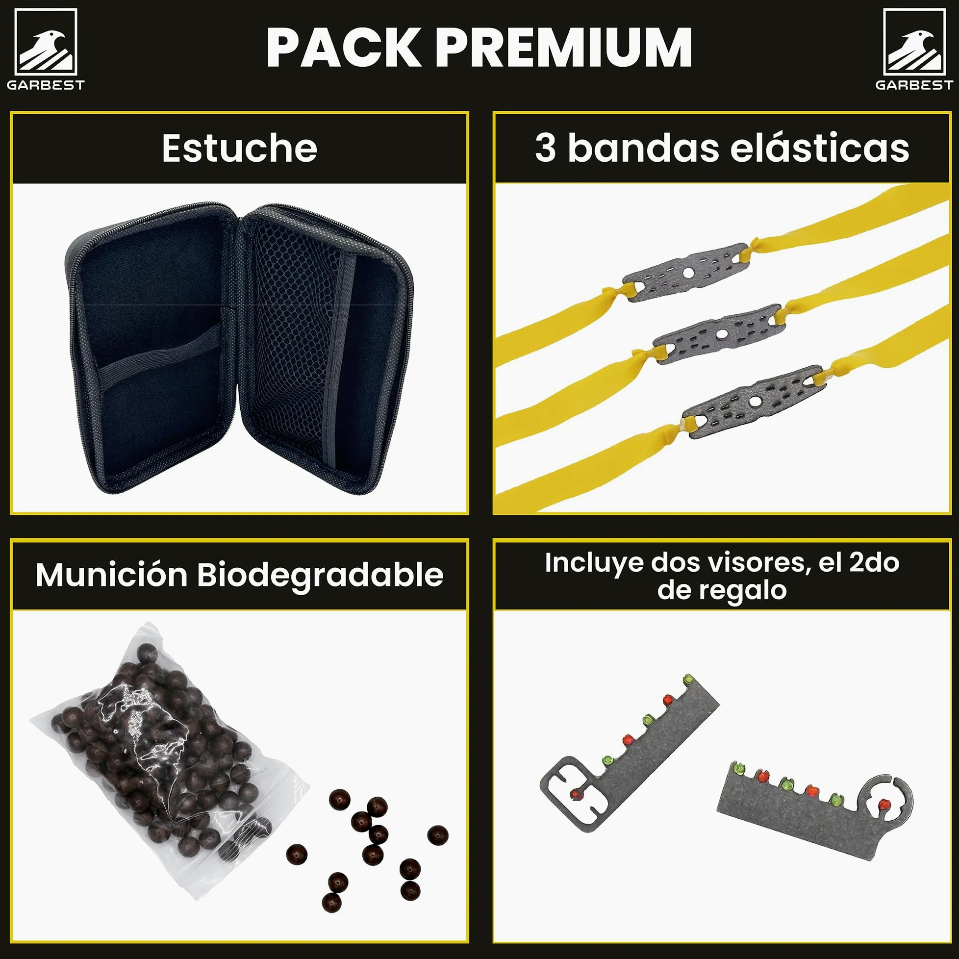 Genérico GARBEST - Tirachinas Clásico de Acero | Tirachinas con Estuche, 100 Gramos Munición Arcilla Biodegradable y Gomas de Repuesto | Pack Regalo