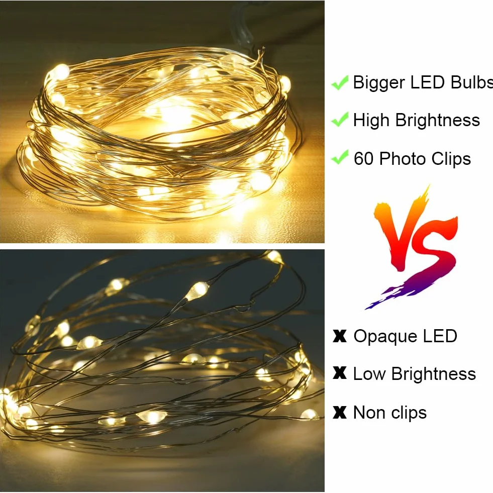 Clip Cadena de Luces LED 10M 100LED Batería 60Pinzas Transparentes Decoración Pared Dormitorio Fiesta Navidad