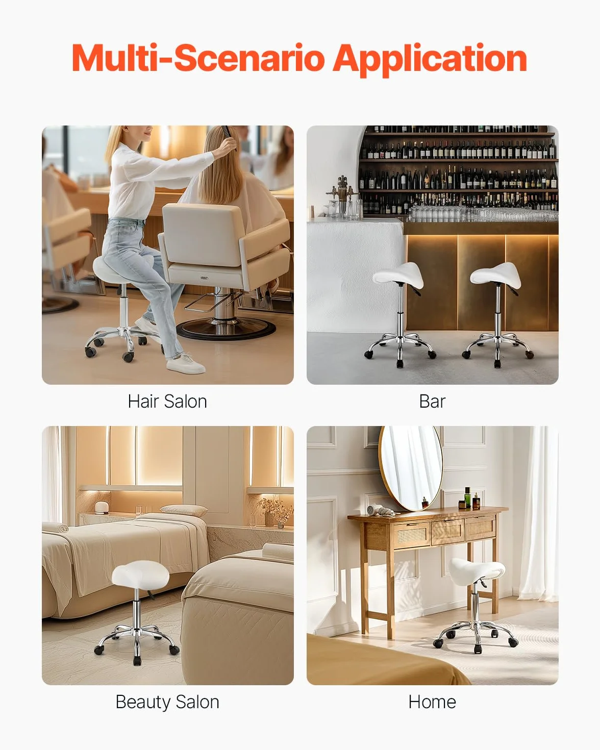 VEVOR Taburete Giratorio de Altura Ajustable 55-71 cm, Carga 204 kg, Silla de Montar Ergonómica Cuero PU, Blanco