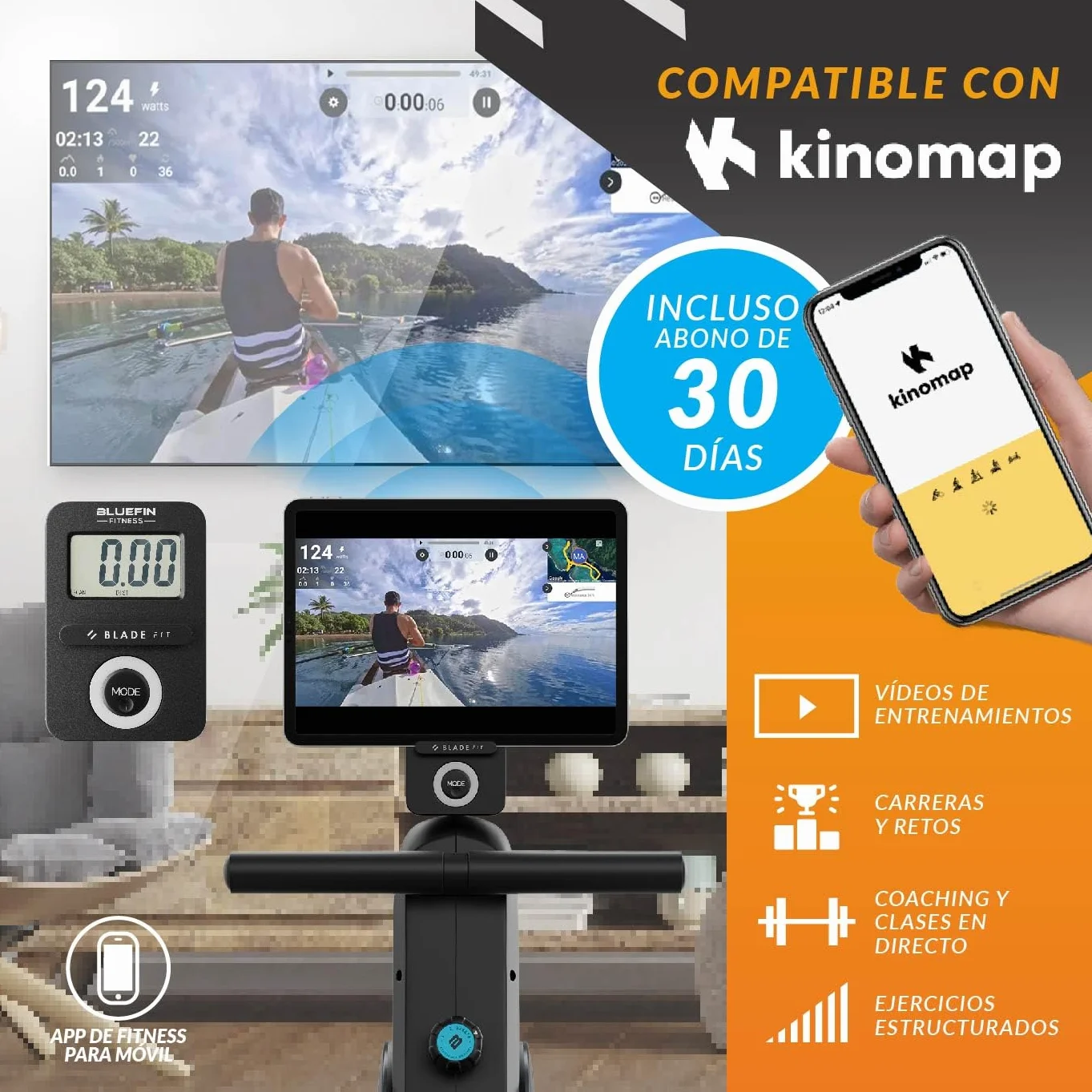 Máquina de Remo Blade FIT de Bluefin Fitness | Compatible con Kinomap | Máquinas de Remo para Casa/Plegable | Consola Digital LCD | App para Móvil | Máquina de Remo Plegable para Casa