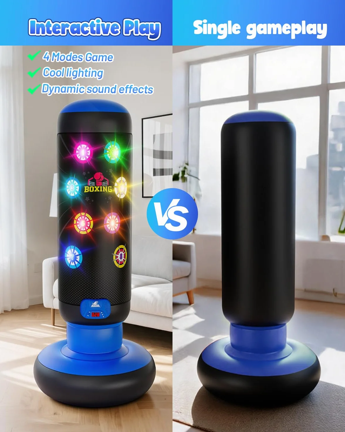 Saco de Boxeo para Niños con Música y Luz, Bolsa de Boxeo Inflable Interactiva, Guante de Boxeo Incluido, Azul