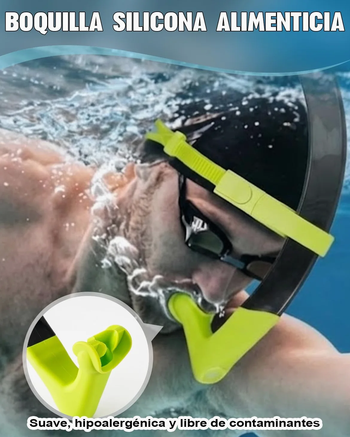 BOOSTEADY Tubo Natacion Frontal de Gran Diámetro: Accesorios Piscina Snorkel Adulto con Sangle Ajustable Hombre/Mujer, Natacion Accesorios Tubo Snorkel con Boquilla de Silicona y Válvula Drenaje