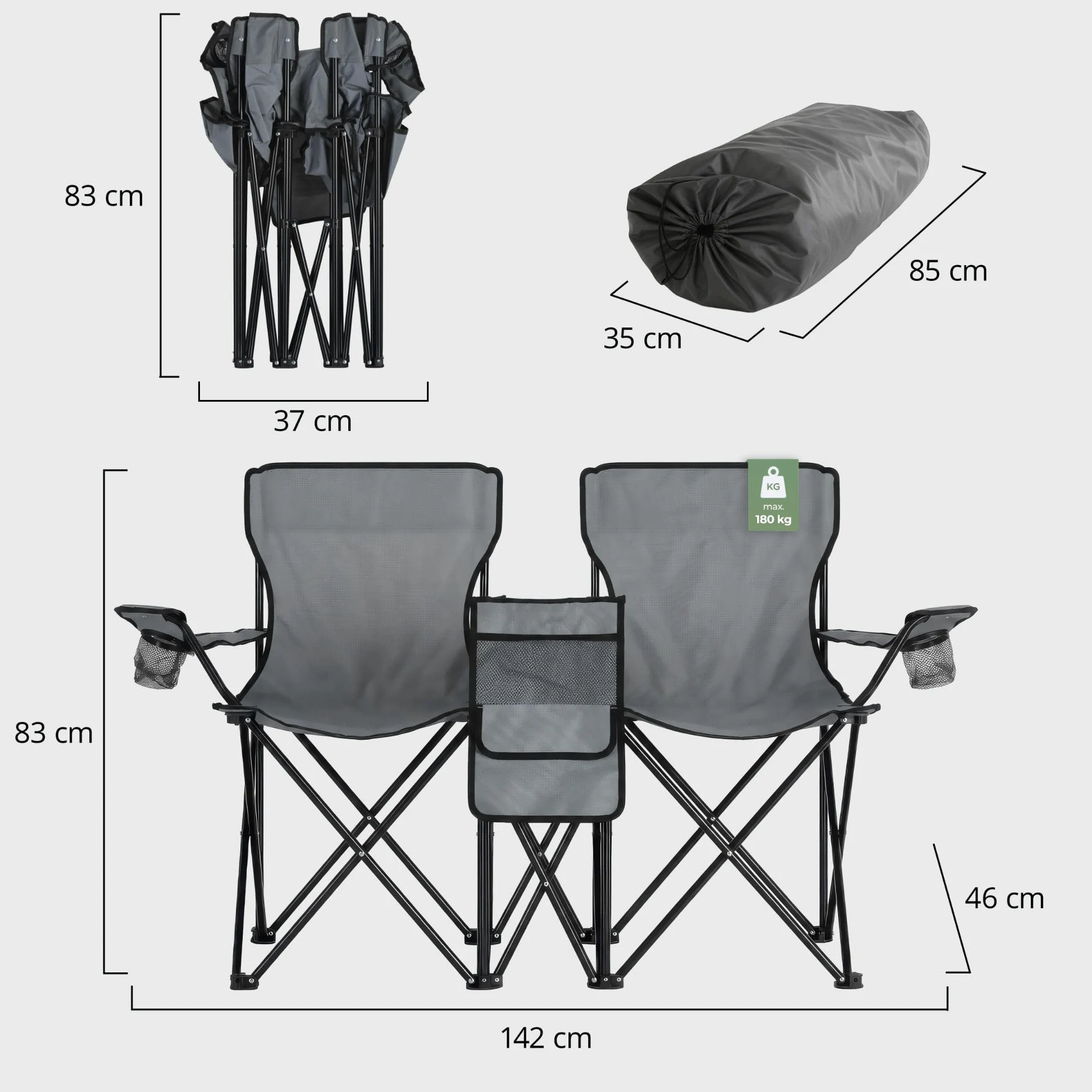 Stagecaptain Silla de Camping Doble CS-1485, Bolsillo Exterior Espacioso | Silla de camping doble de tela Oxford 600D, Perfecta para camping, festivales, picnics y excursiones, Dimensiones, 5 cm, 0 kg