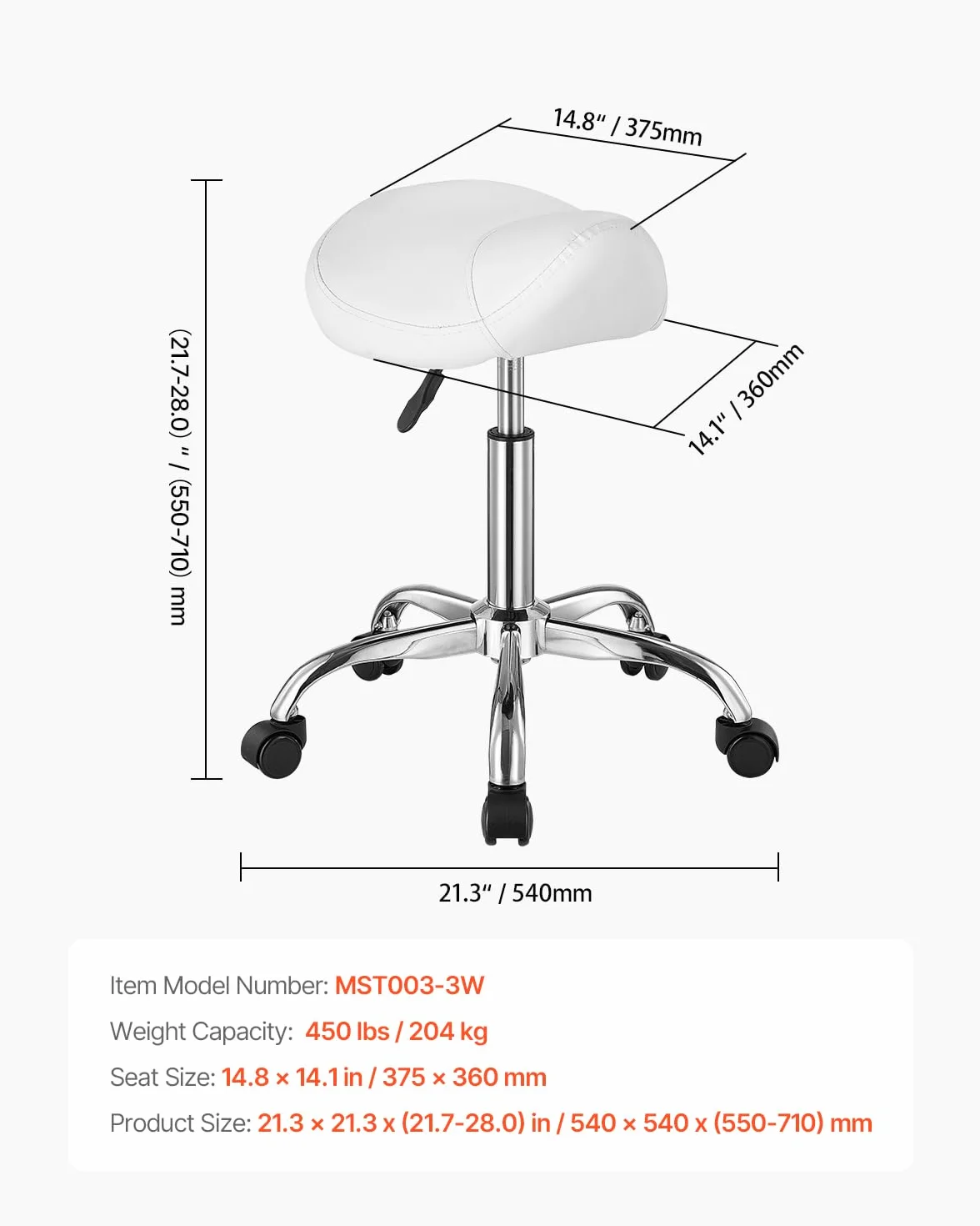 VEVOR Taburete Giratorio de Altura Ajustable 55-71 cm, Carga 204 kg, Silla de Montar Ergonómica Cuero PU, Blanco